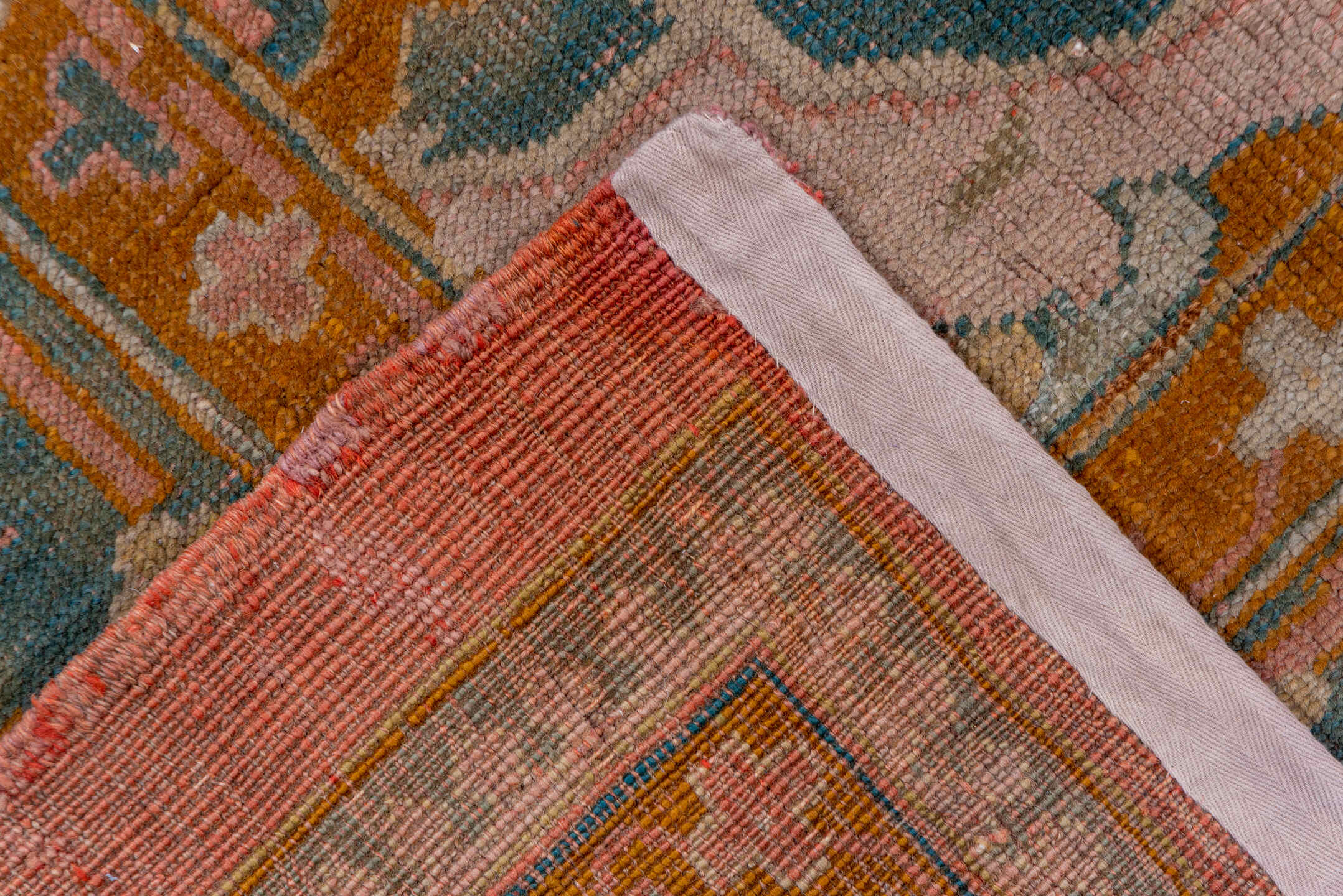 11' x 13' one-of-a-kind handmade vintage Oushak oversize rug. Color palette: brown, gray, pink