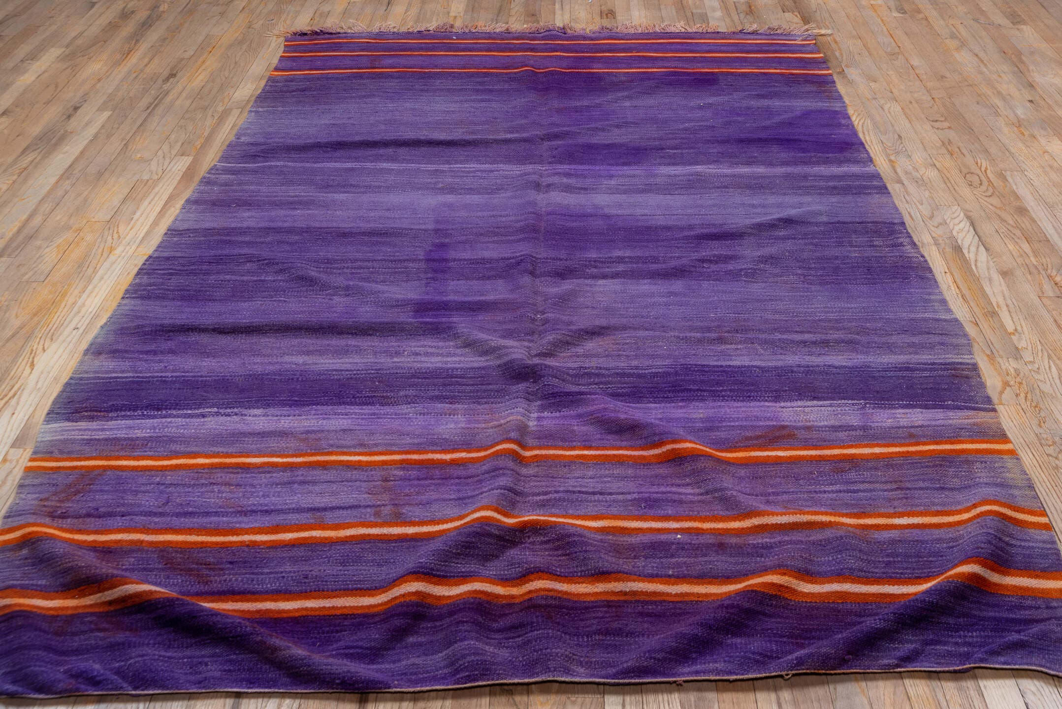 6' x 9' one-of-a-kind handmade vintage Blanket medium size rug. Color palette: purple, violet, rust, ivory, pink, terracotta