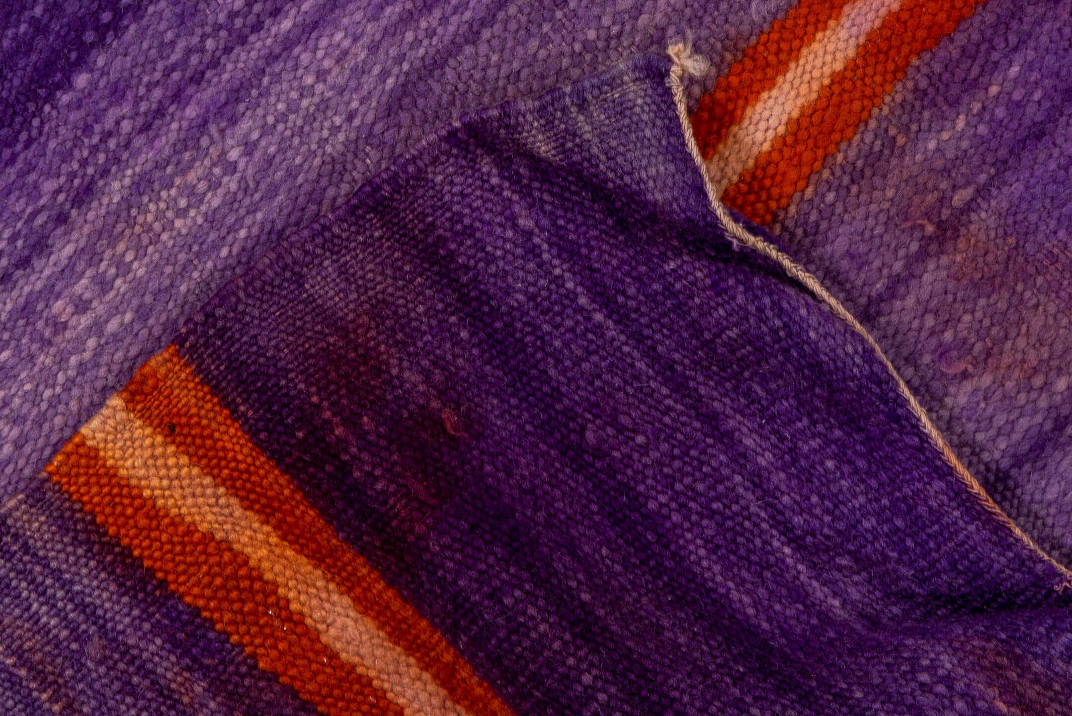 6' x 9' one-of-a-kind handmade vintage Blanket medium size rug. Color palette: purple, violet, rust, ivory, pink, terracotta