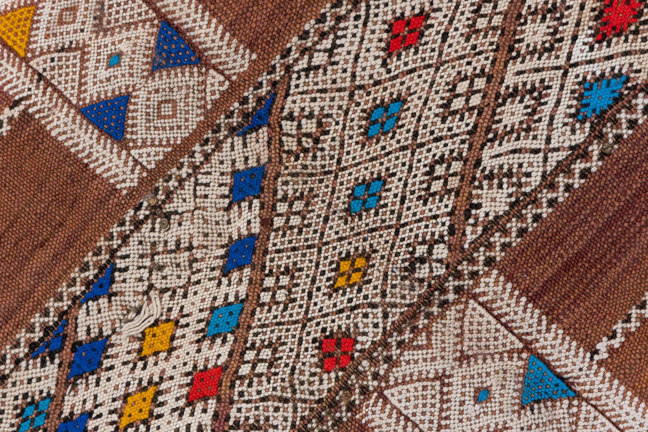 5' x 11' one-of-a-kind handmade vintage Kilim rug. Color palette: camel, ivory, indigo, rust, saffron, terra cotta, sky blue
