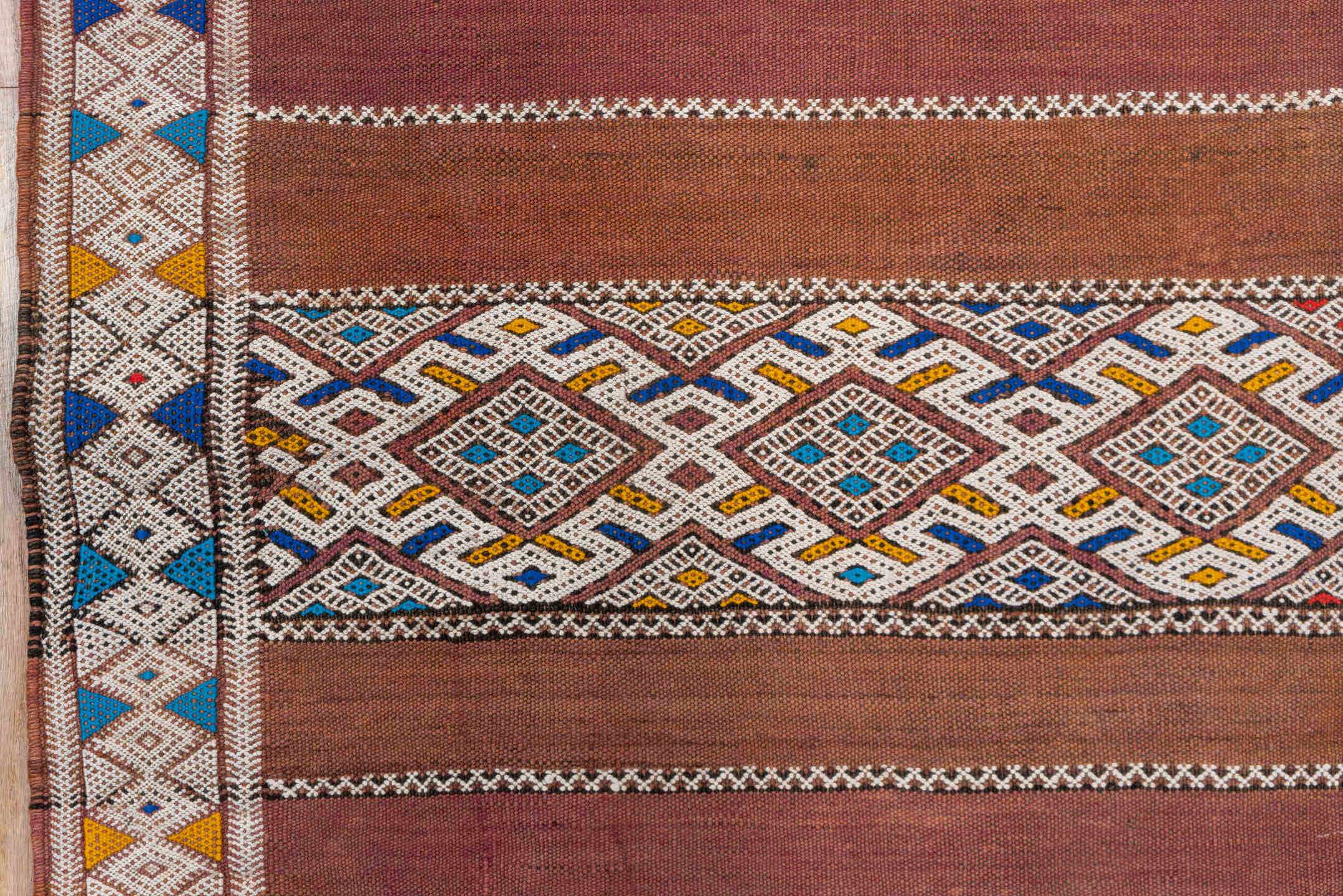 5' x 11' one-of-a-kind handmade vintage Kilim rug. Color palette: camel, ivory, indigo, rust, saffron, terra cotta, sky blue