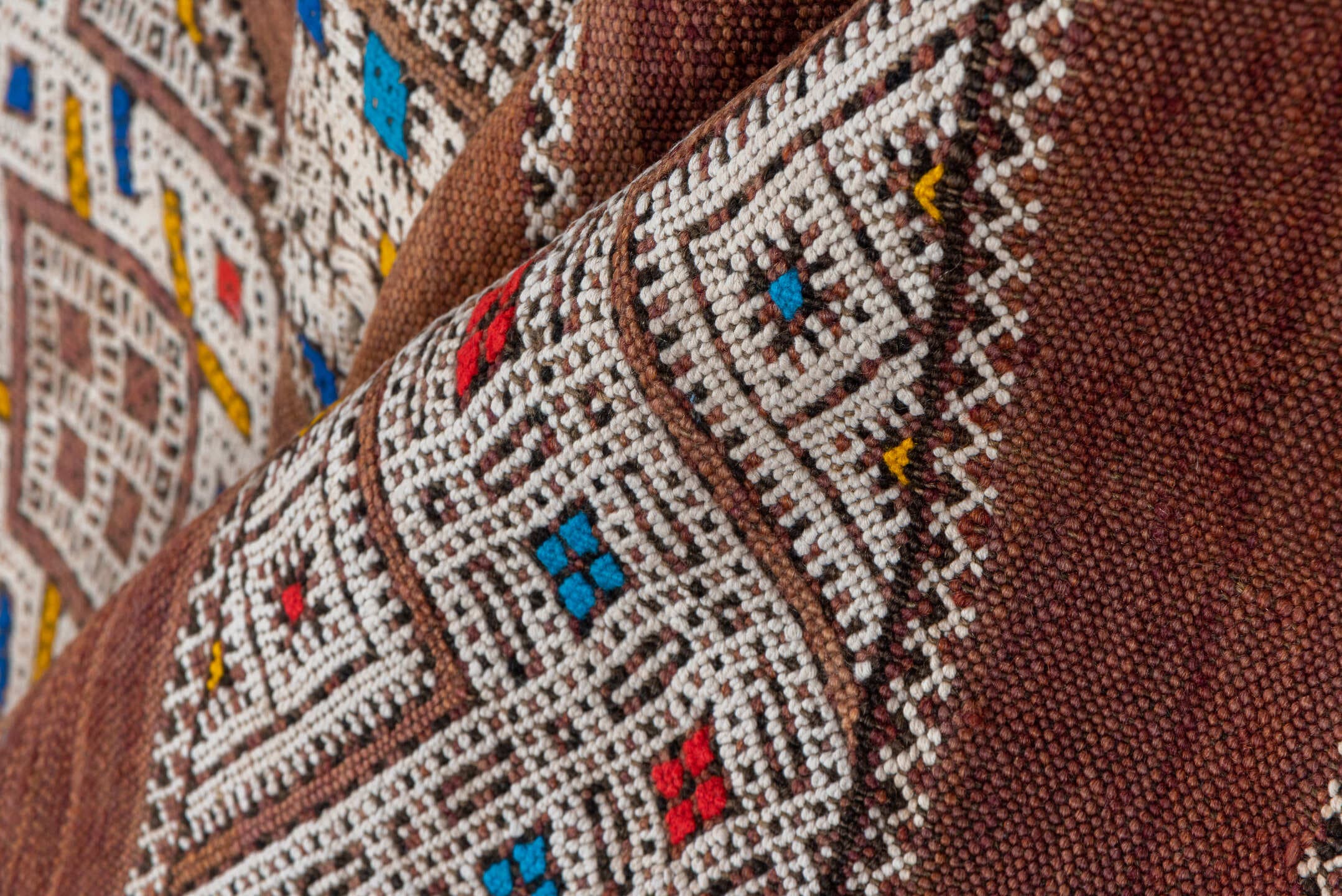 5' x 11' one-of-a-kind handmade vintage Kilim rug. Color palette: camel, ivory, indigo, rust, saffron, terra cotta, sky blue