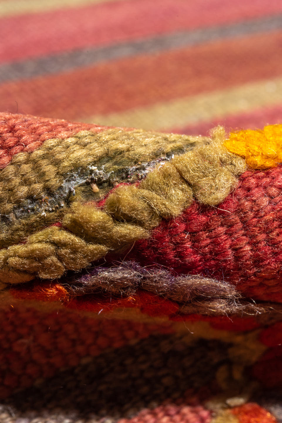 5' x 18' one-of-a-kind handmade antique Kilim rug. Color palette: rust, terra cotta, crimson, mauve, saffron, rose, taupe