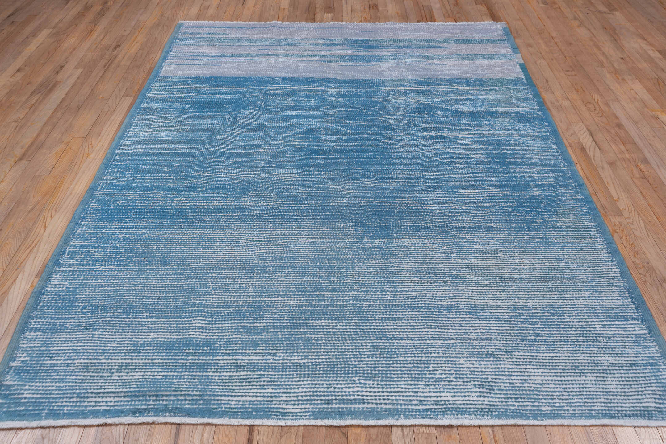 6' x 9' one-of-a-kind handmade antique Moroccan medium size rug. Color palette: sky blue, ivory, slate, powder blue