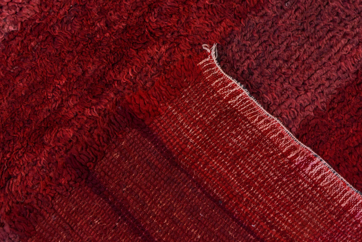 6' x 7' one-of-a-kind handmade vintage Moroccan rug. Color palette: burgundy, crimson, rose, mahogany, wine, red, pink