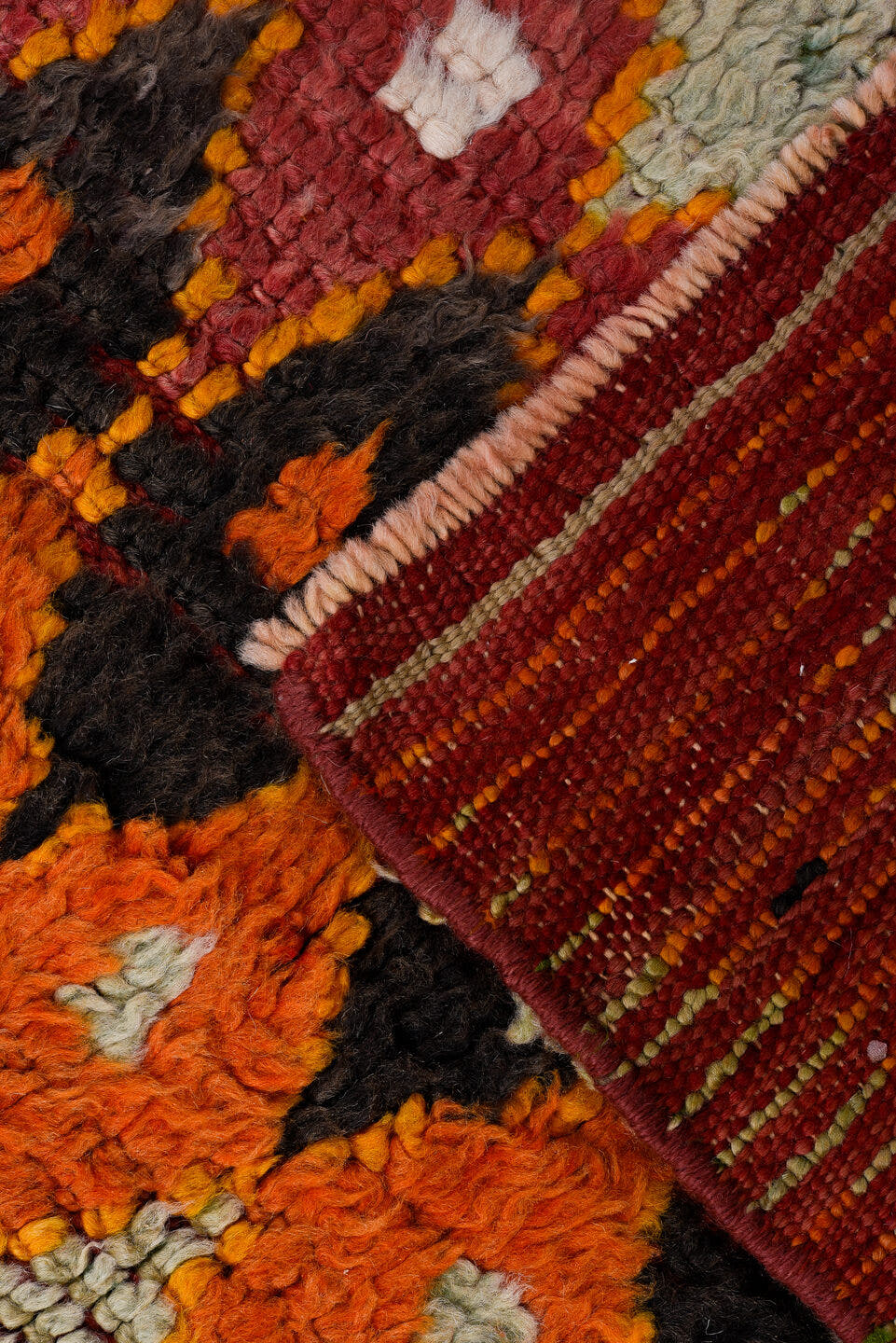 6' x 12' one-of-a-kind handmade vintage Moroccan large size rug. Color palette: orange, rose, ivory, brown, crimson
