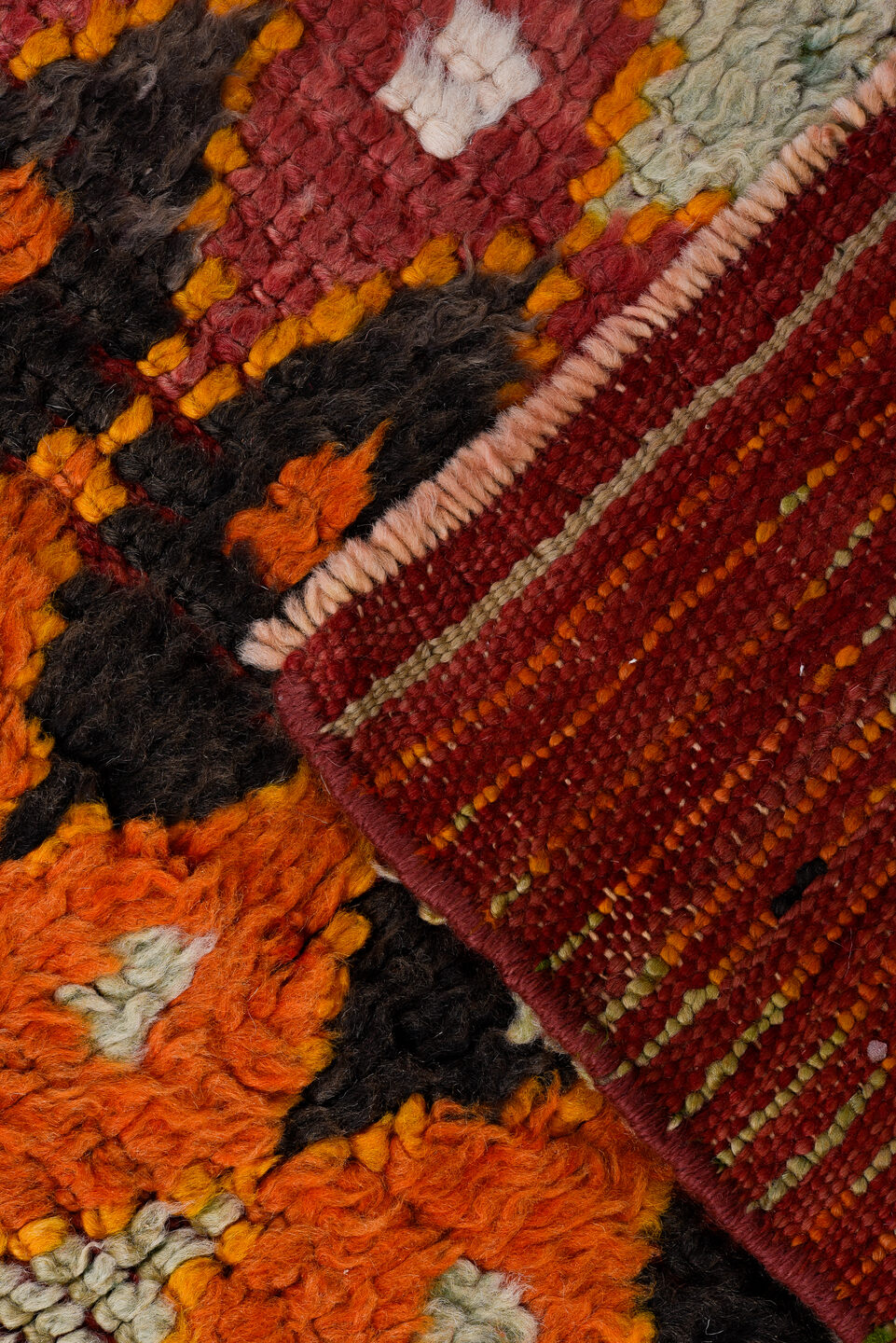 6' x 12' one-of-a-kind handmade vintage Moroccan large size rug. Color palette: orange, rose, ivory, brown, crimson