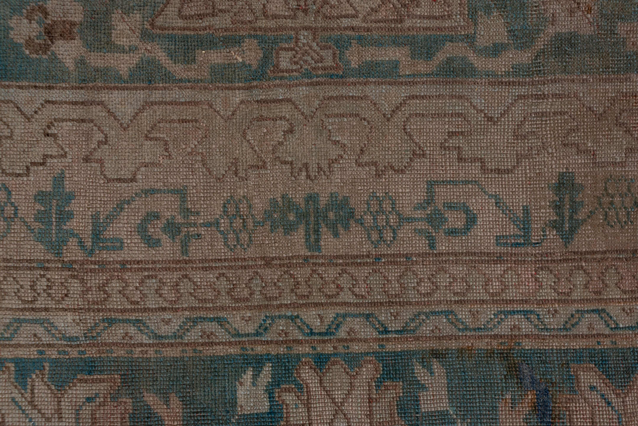 10' x 15' one-of-a-kind handmade antique Oushak rug. Color palette: taupe, dusty blue, beige, ivory, gray, camel, blue