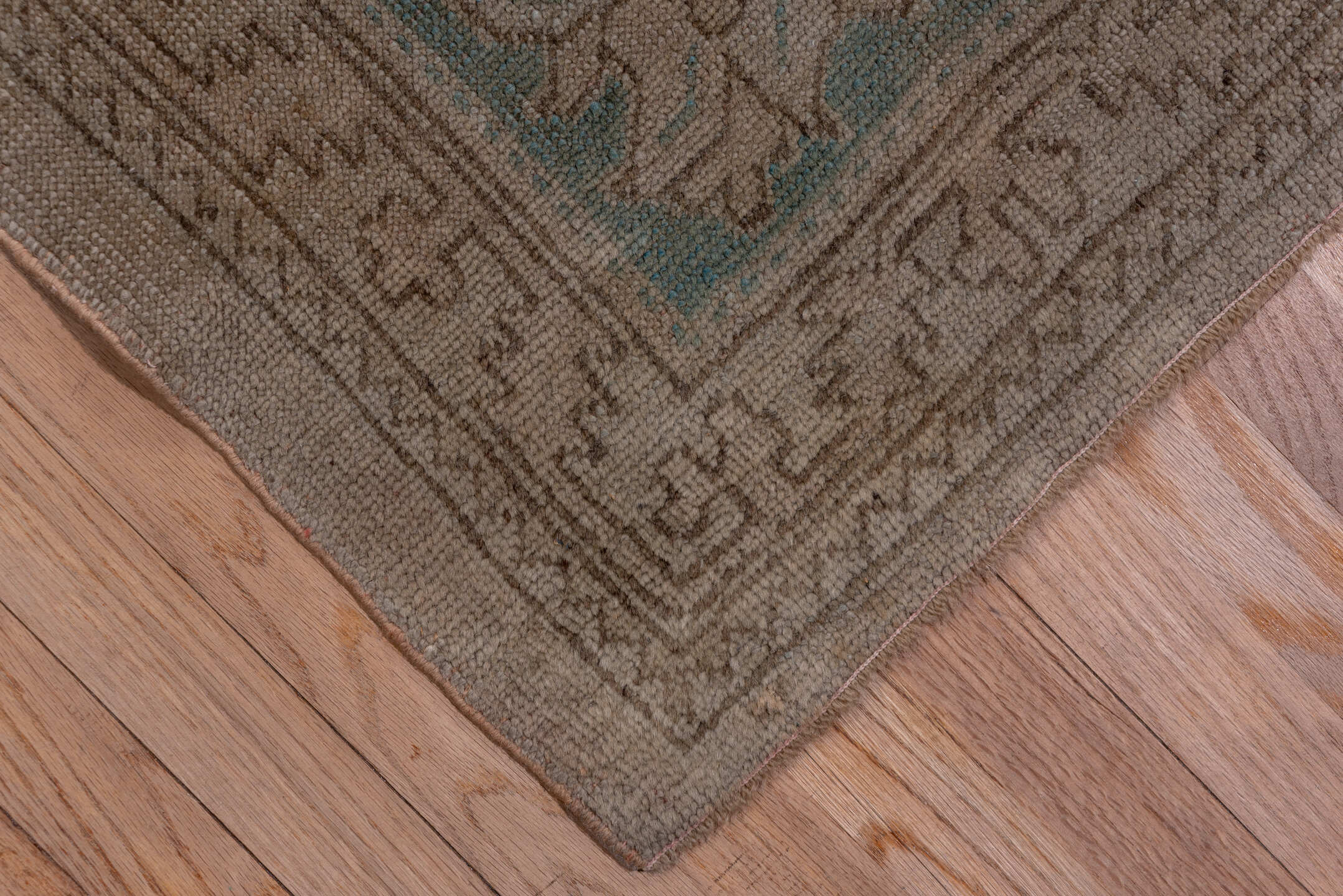 10' x 15' one-of-a-kind handmade antique Oushak rug. Color palette: taupe, dusty blue, beige, ivory, gray, camel, blue