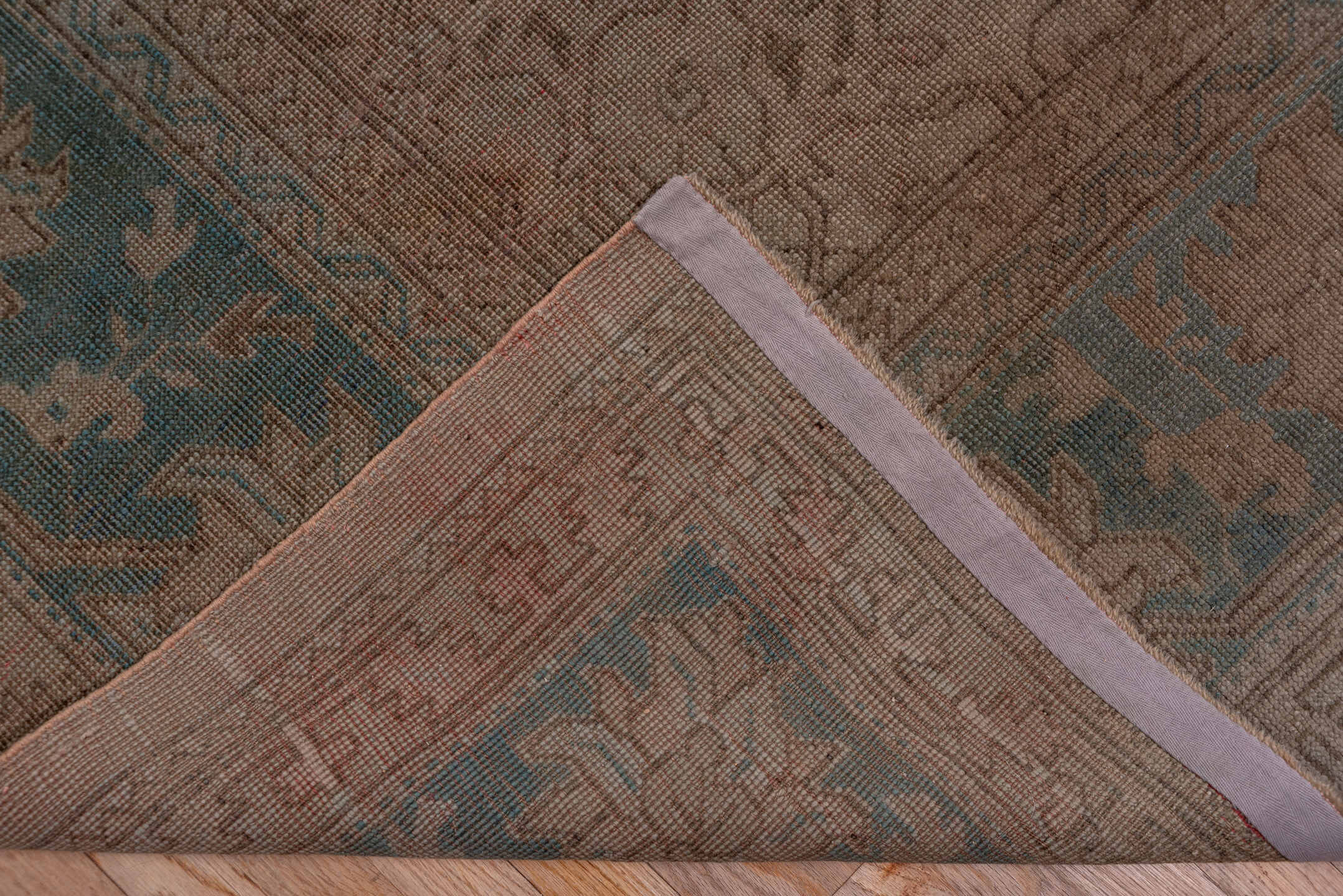 10' x 15' one-of-a-kind handmade antique Oushak rug. Color palette: taupe, dusty blue, beige, ivory, gray, camel, blue