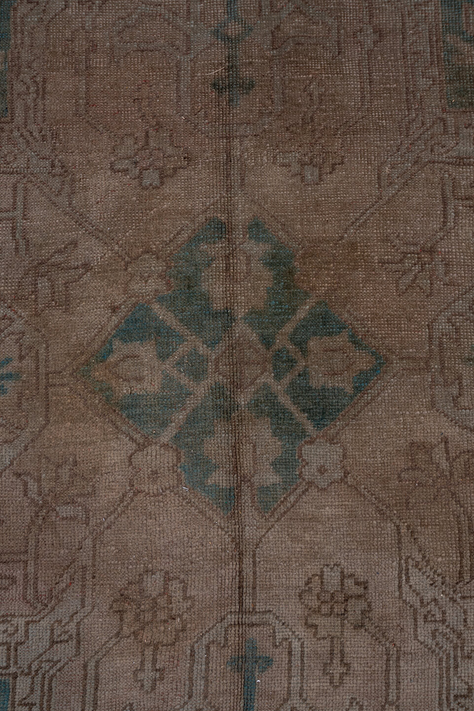 10' x 15' one-of-a-kind handmade antique Oushak rug. Color palette: taupe, dusty blue, beige, ivory, gray, camel, blue