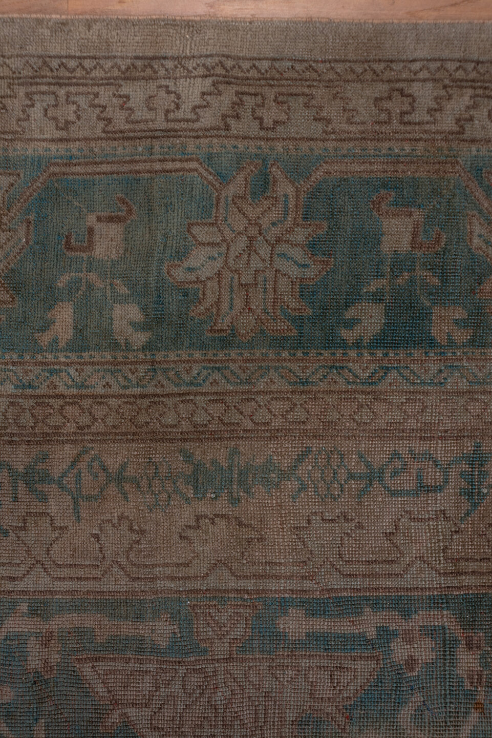10' x 15' one-of-a-kind handmade antique Oushak rug. Color palette: taupe, dusty blue, beige, ivory, gray, camel, blue