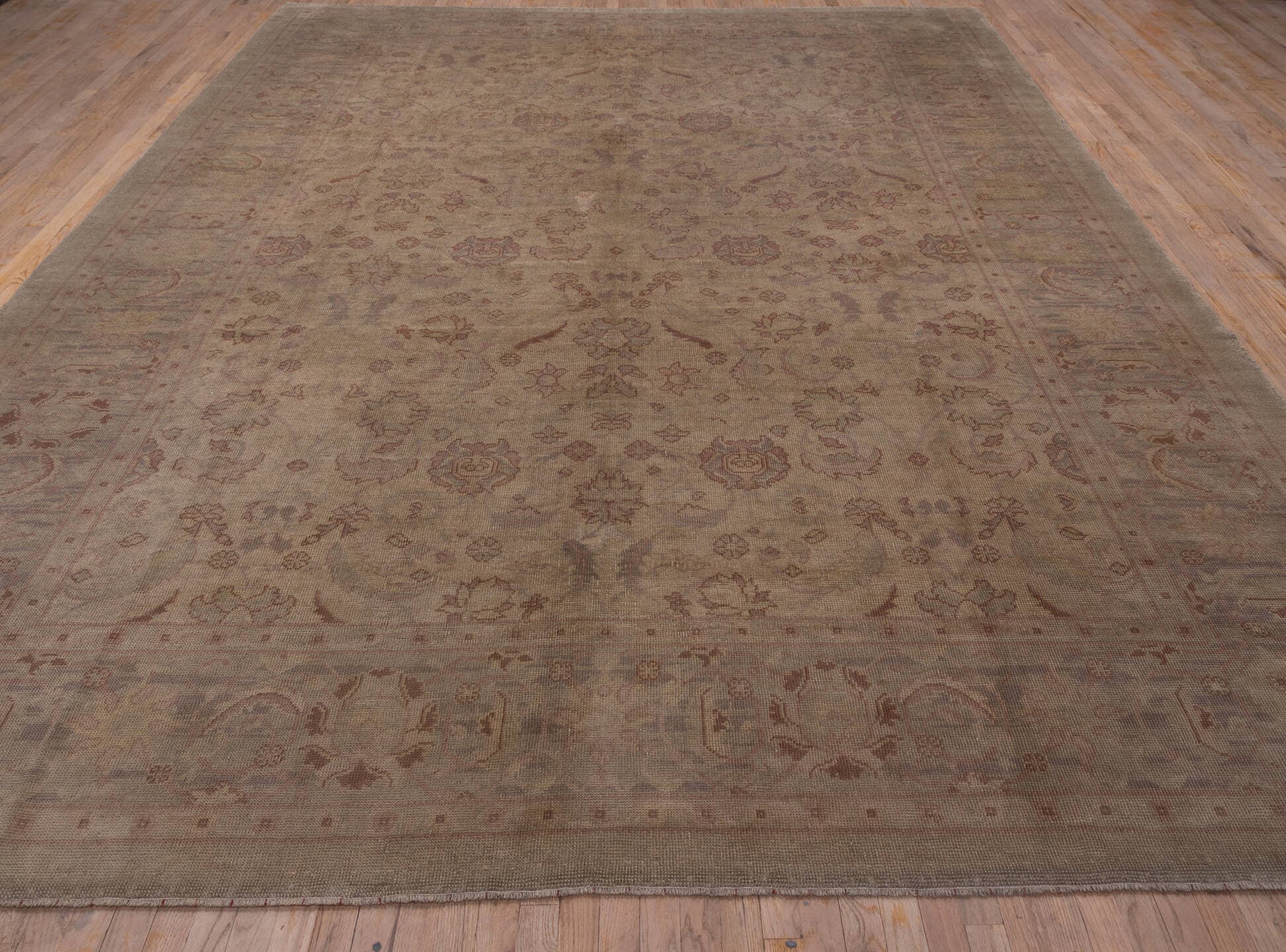 10' x 14' one-of-a-kind handmade antique Oushak large size rug. Color palette: taupe, ivory, dusty rose, pale blue, beige