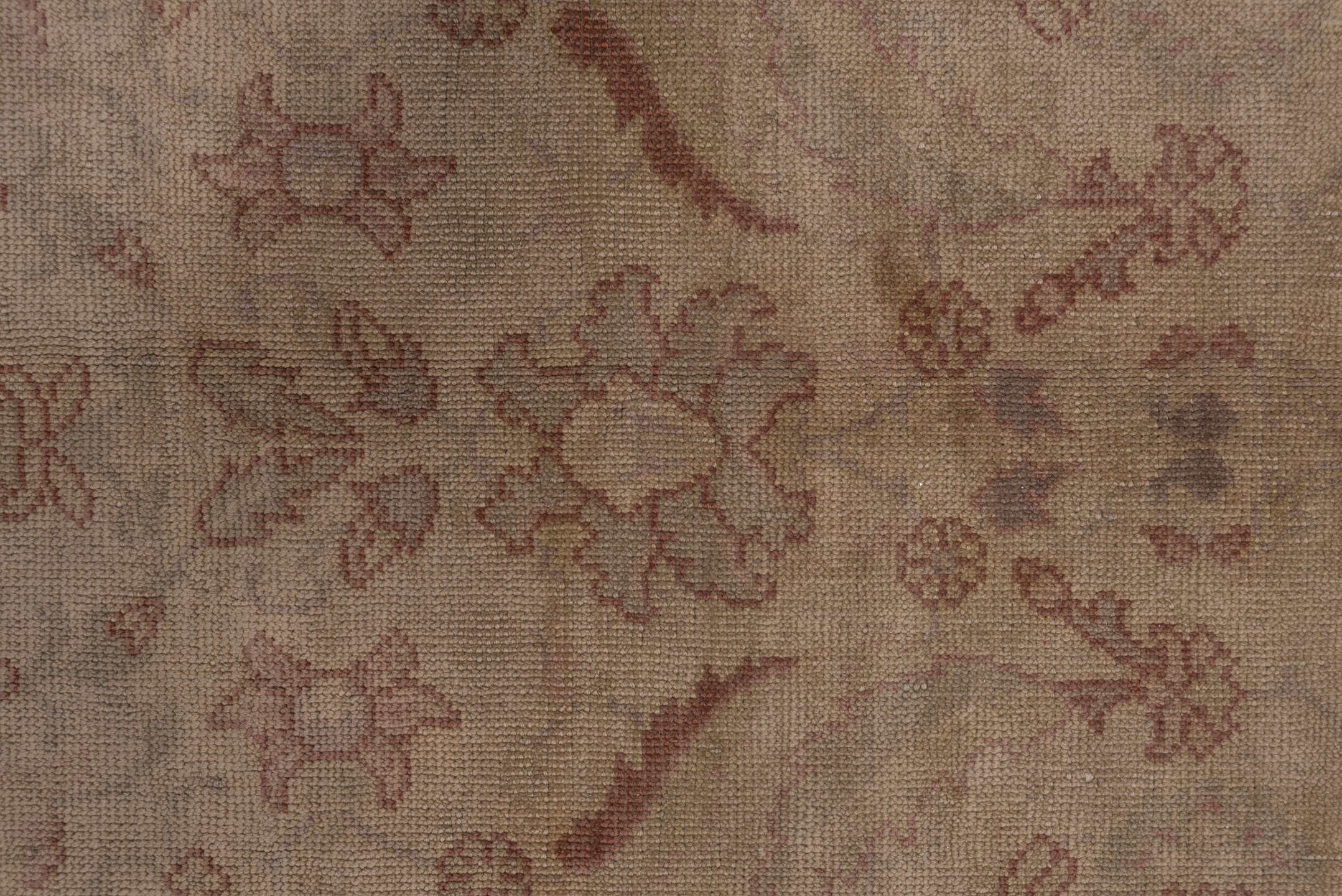 10' x 14' one-of-a-kind handmade antique Oushak large size rug. Color palette: taupe, ivory, dusty rose, pale blue, beige