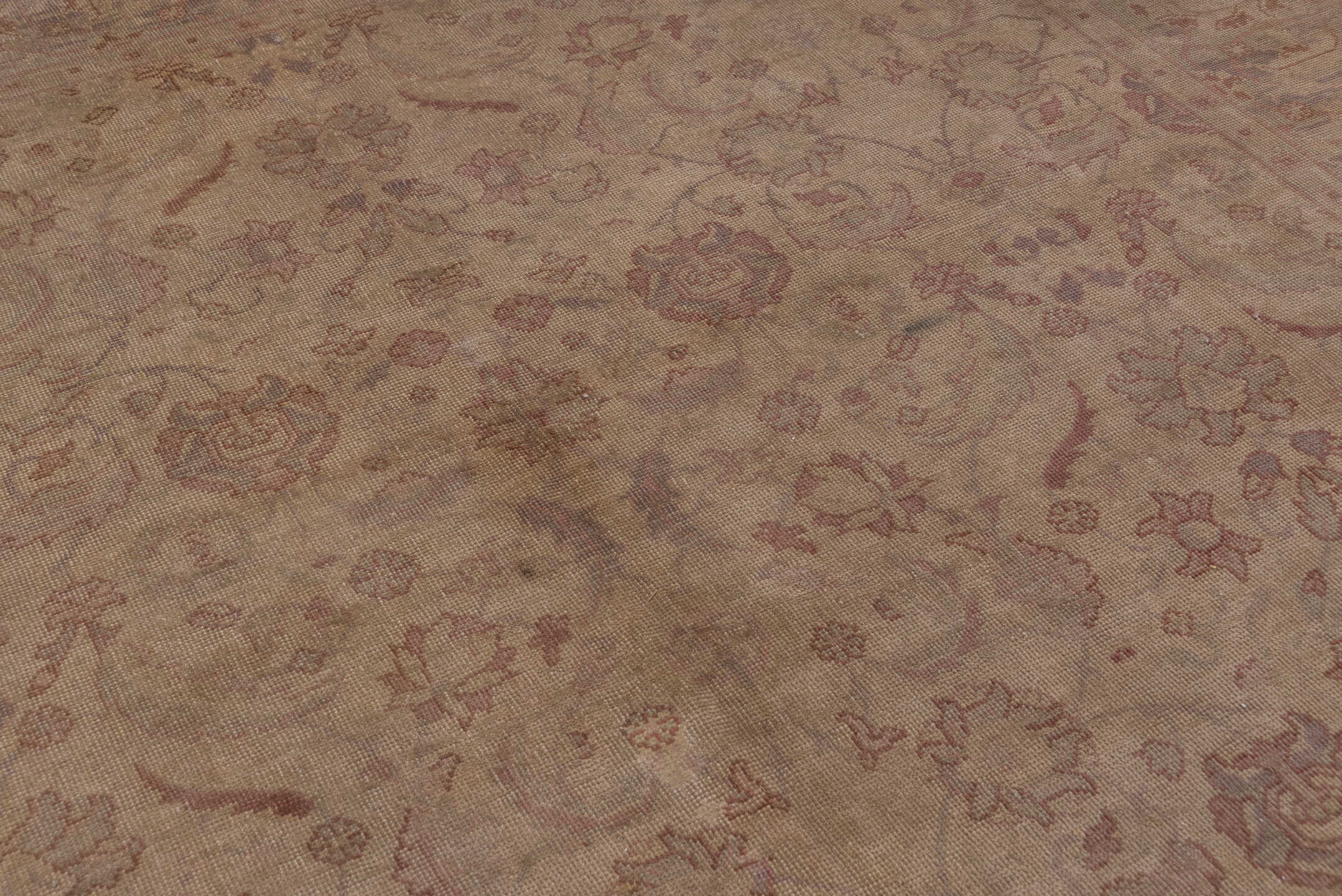 10' x 14' one-of-a-kind handmade antique Oushak large size rug. Color palette: taupe, ivory, dusty rose, pale blue, beige