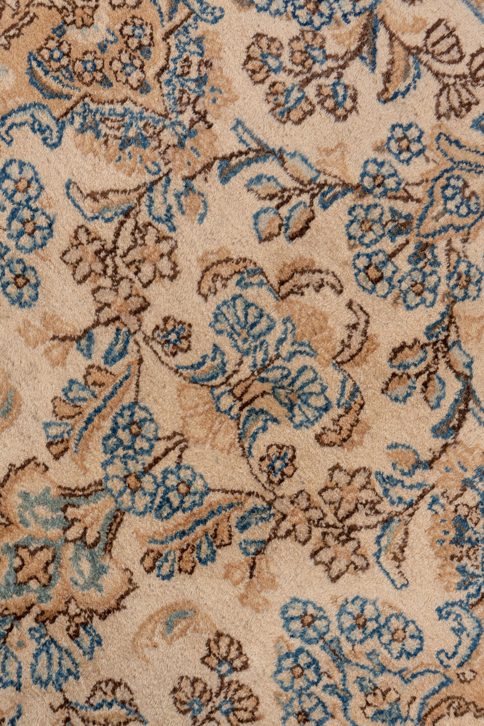 2' x 17' one-of-a-kind handmade vintage Kerman runner rug. Color palette: ivory, camel, sky_blue, taupe, brown, beige
