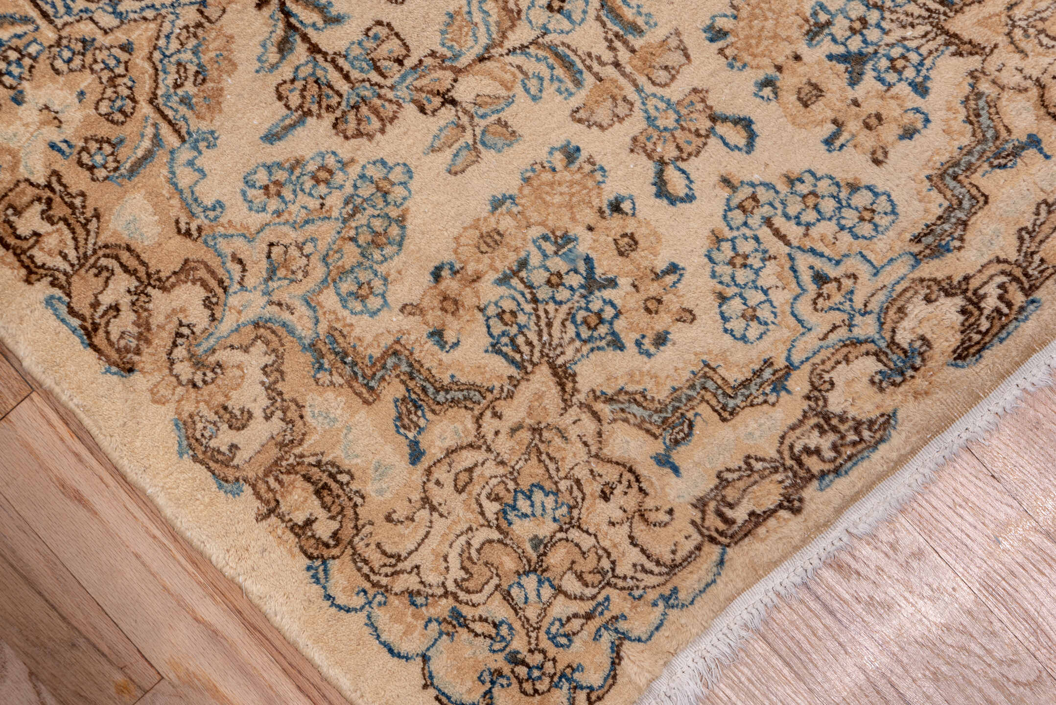 2' x 17' one-of-a-kind handmade vintage Kerman runner rug. Color palette: ivory, camel, sky_blue, taupe, brown, beige