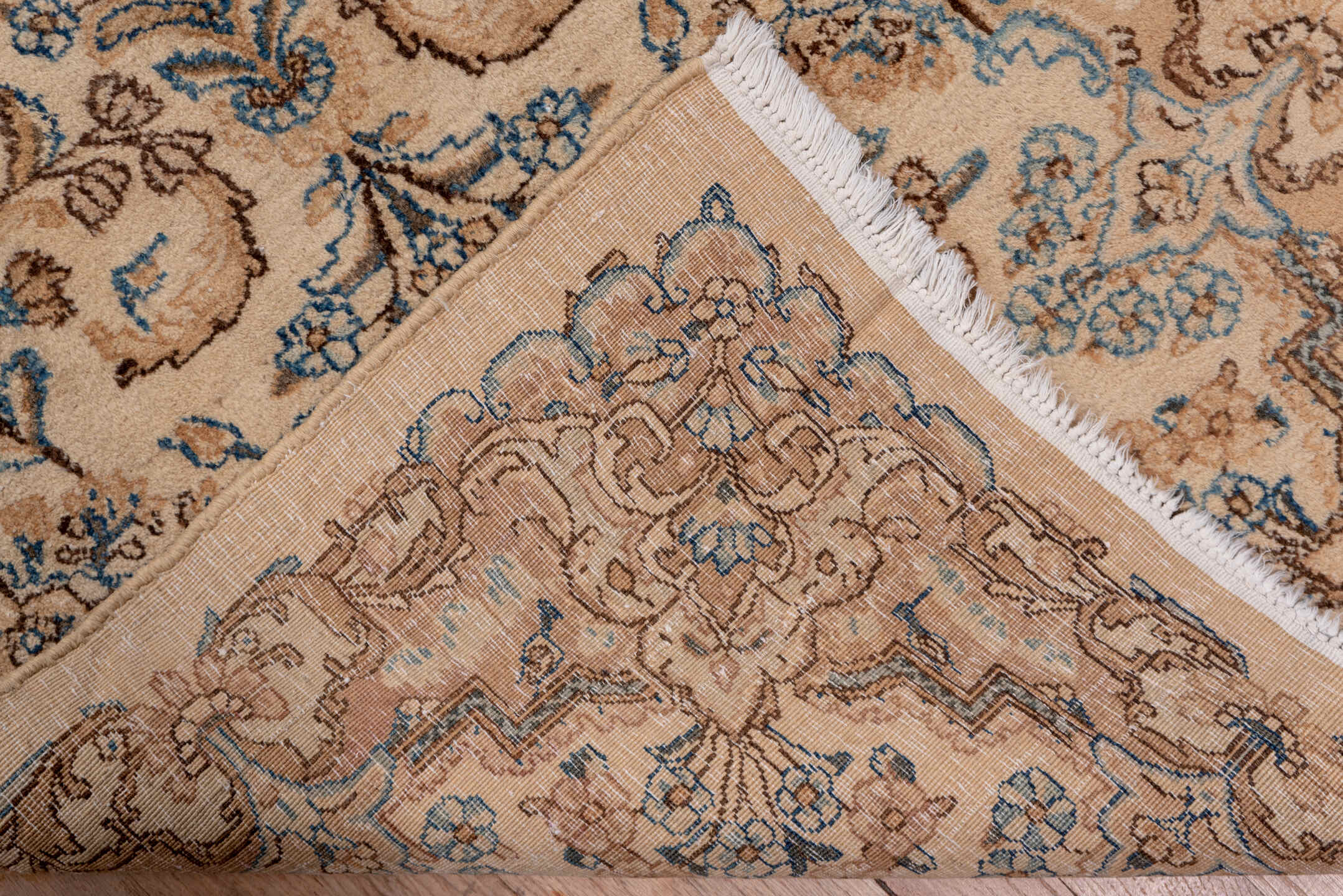 2' x 17' one-of-a-kind handmade vintage Kerman runner rug. Color palette: ivory, camel, sky_blue, taupe, brown, beige