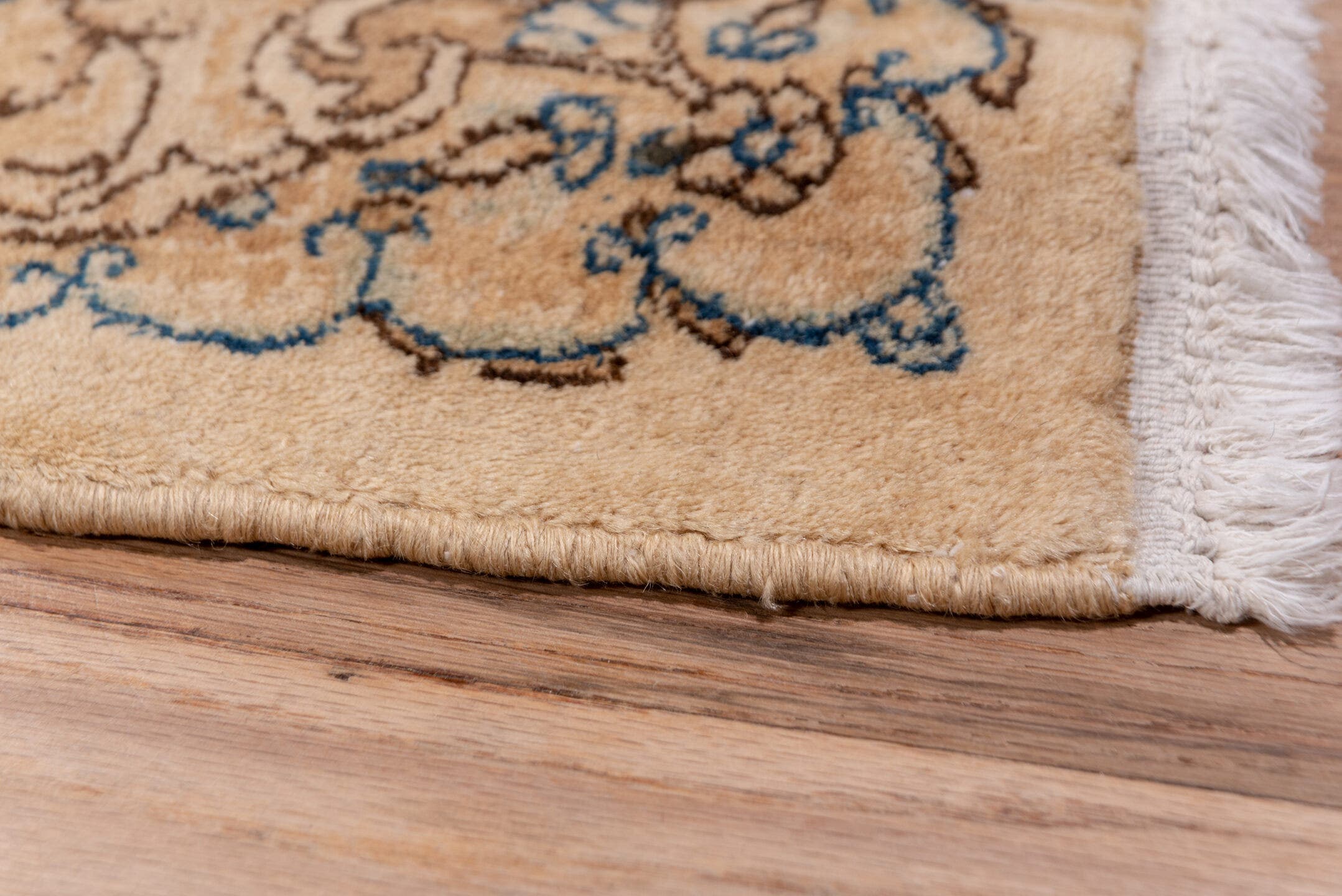 2' x 17' one-of-a-kind handmade vintage Kerman runner rug. Color palette: ivory, camel, sky_blue, taupe, brown, beige