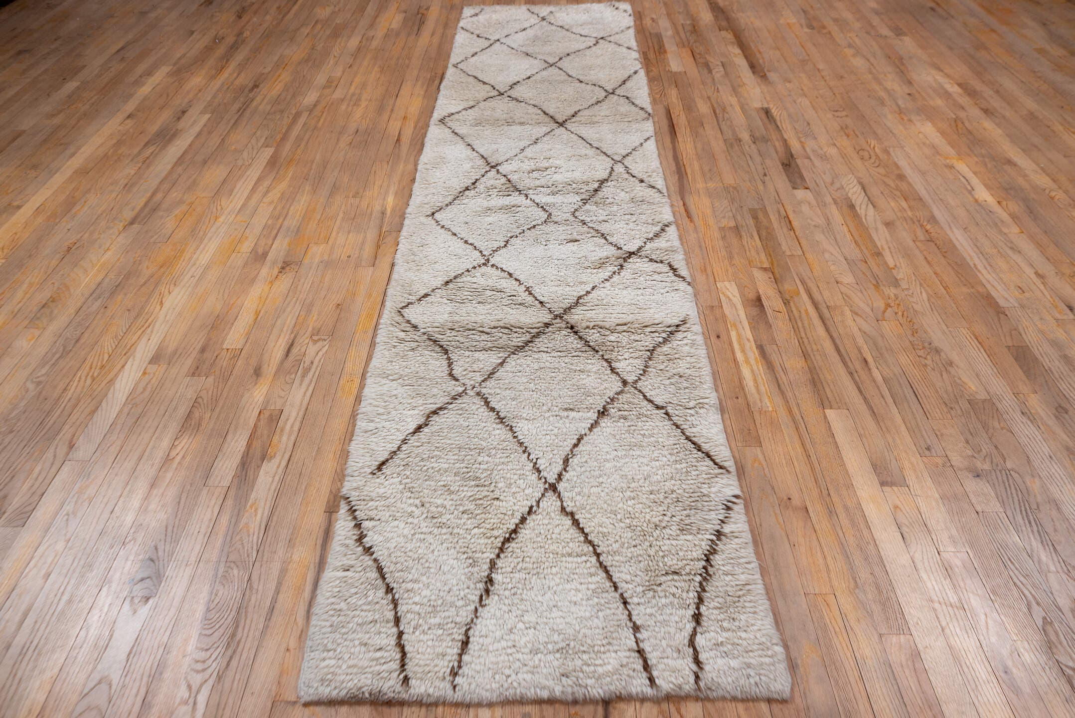 2' x 13' one-of-a-kind handmade vintage Moroccan runner rug. Color palette: ivory, taupe, cream, beige, gray
