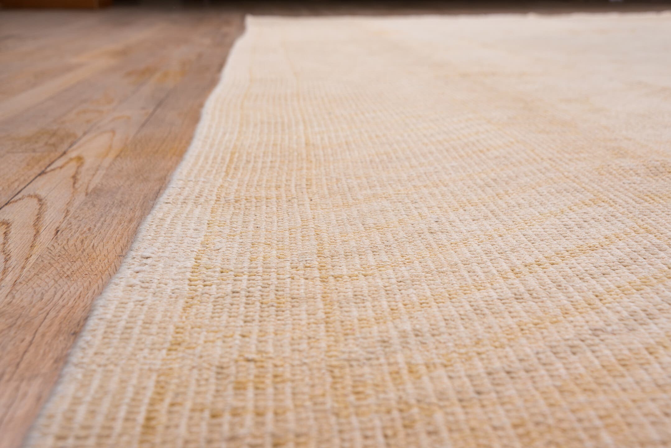 9' x 12' one-of-a-kind handmade vintage Oushak large size rug. Color palette: ivory, cream, peach, blush, beige, sand