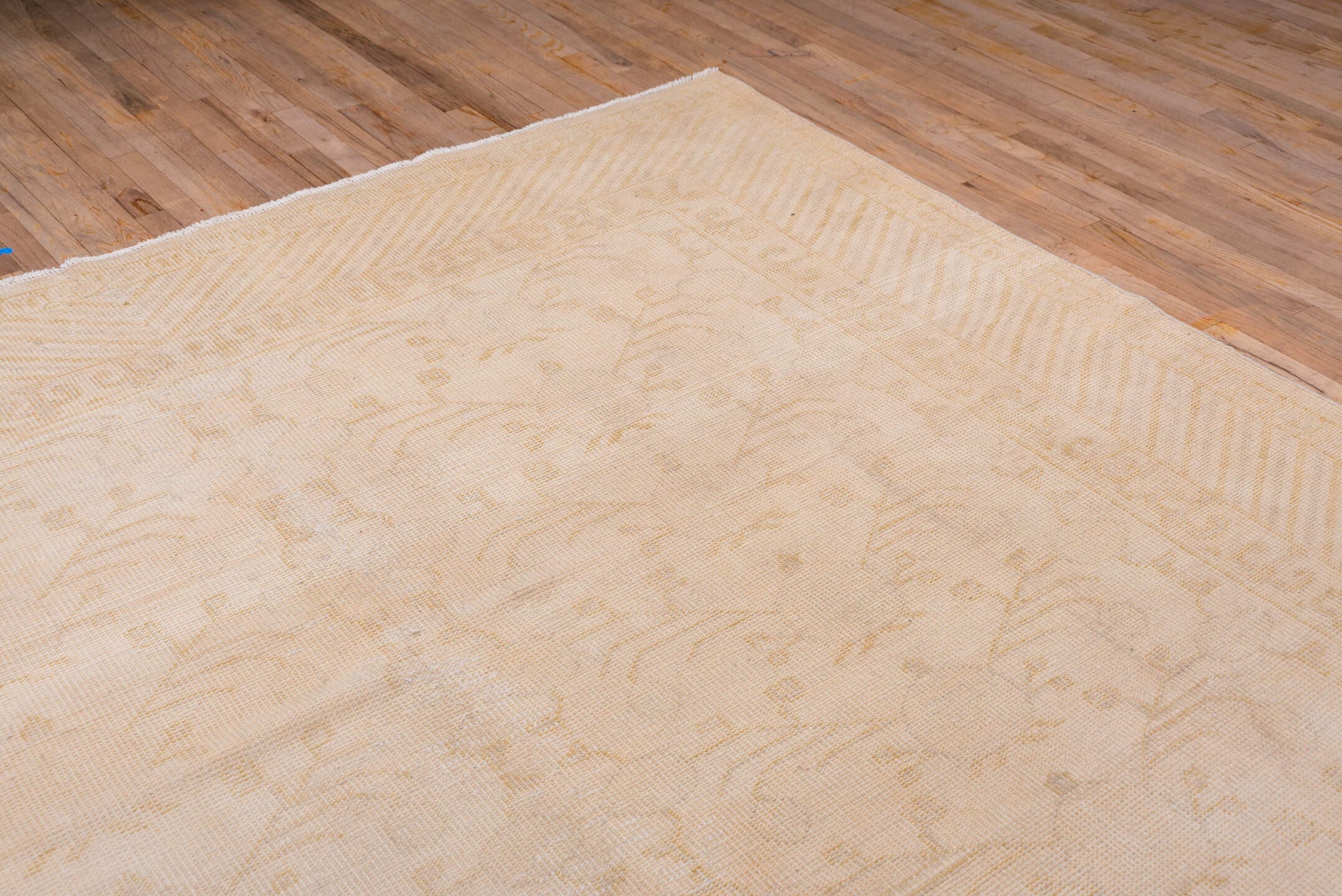 9' x 12' one-of-a-kind handmade vintage Oushak large size rug. Color palette: ivory, cream, peach, blush, beige, sand