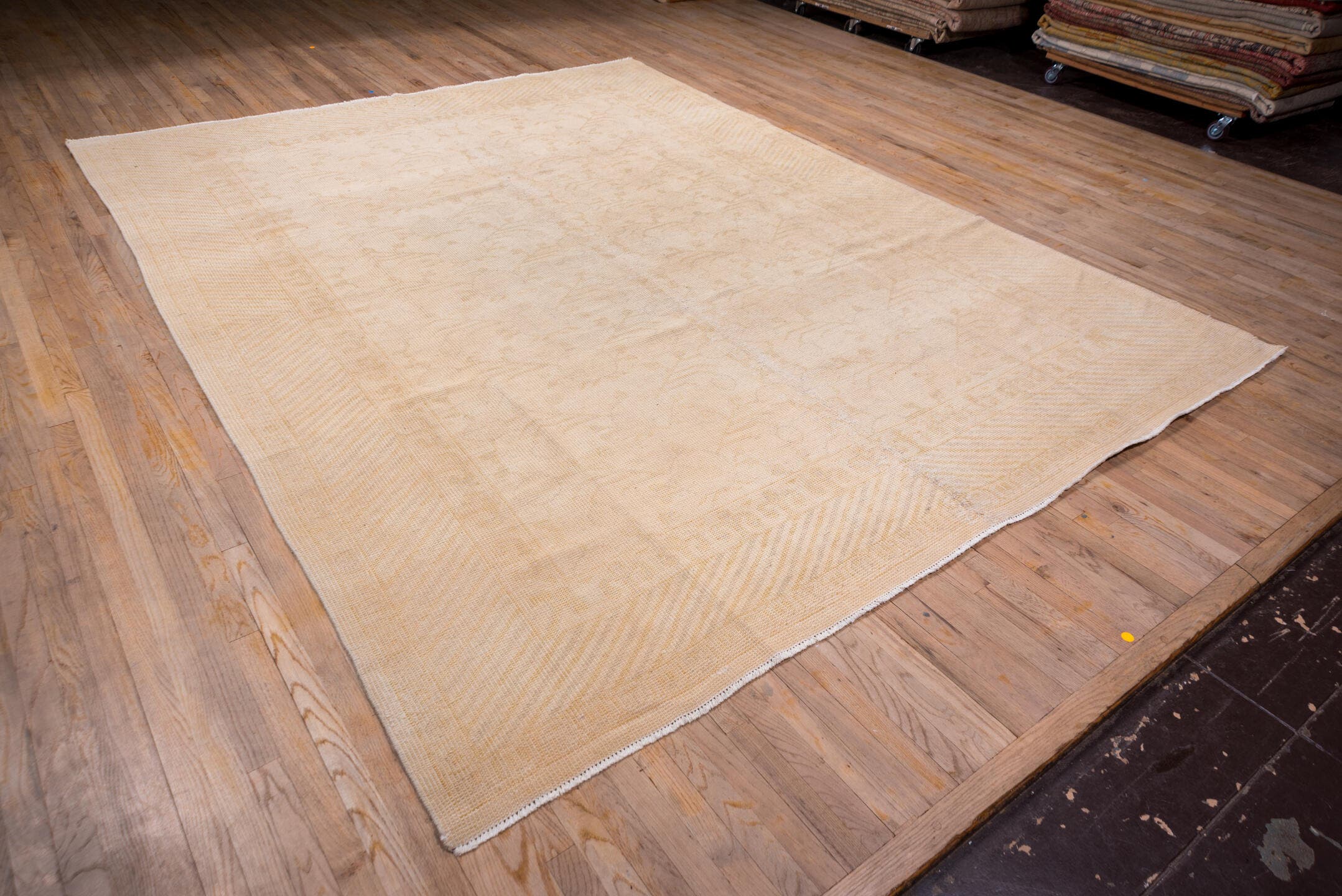 9' x 12' one-of-a-kind handmade vintage Oushak large size rug. Color palette: ivory, cream, peach, blush, beige, sand