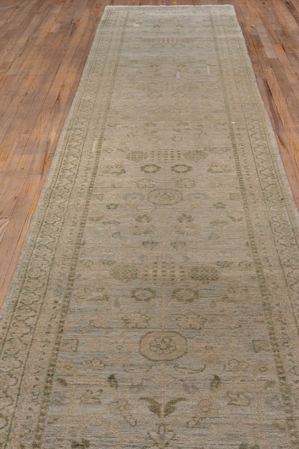 3' x 15' one-of-a-kind handmade vintage Khotan runner rug. Color palette: ivory, taupe, beige, sage, gray brown, olive, gray