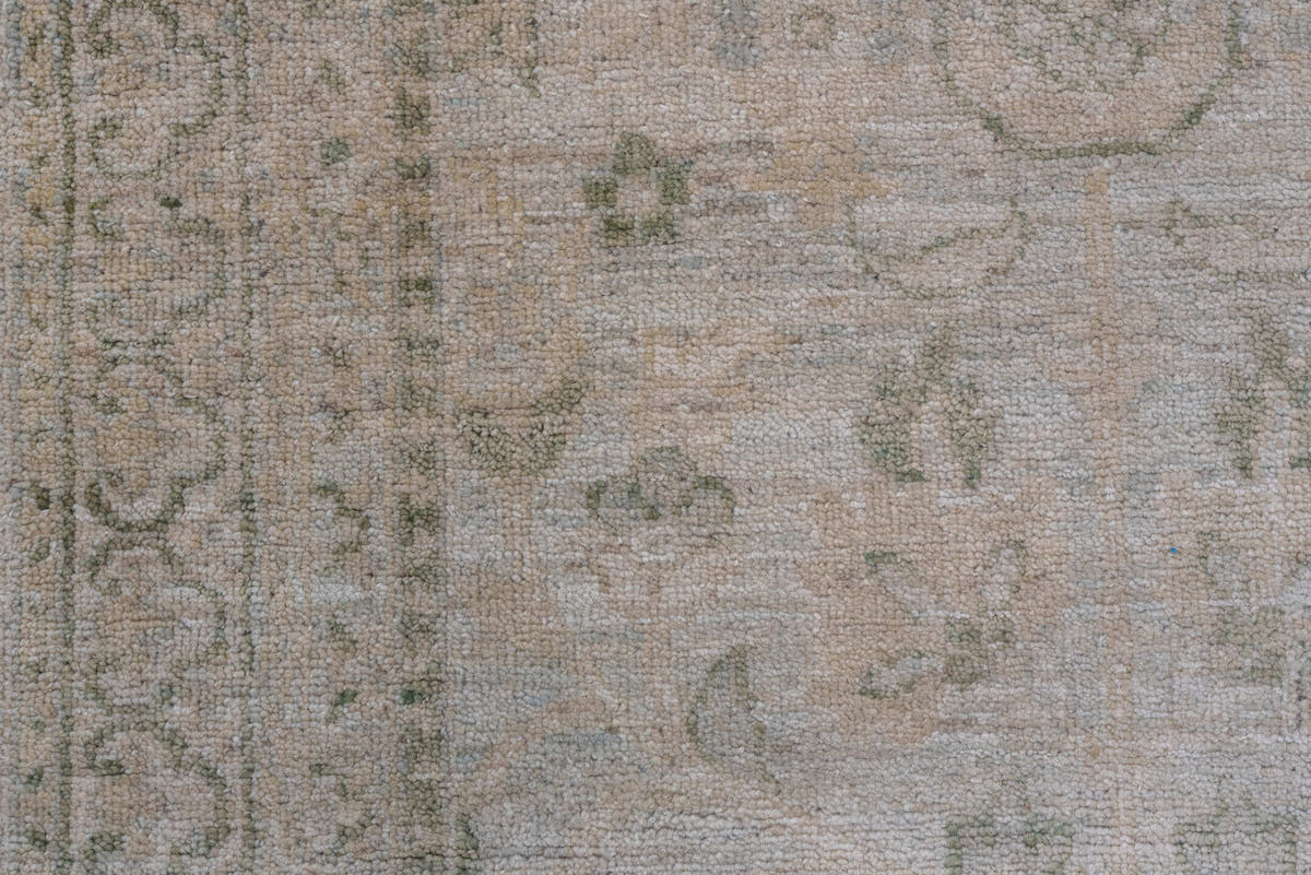 3' x 15' one-of-a-kind handmade vintage Khotan runner rug. Color palette: ivory, taupe, beige, sage, gray brown, olive, gray