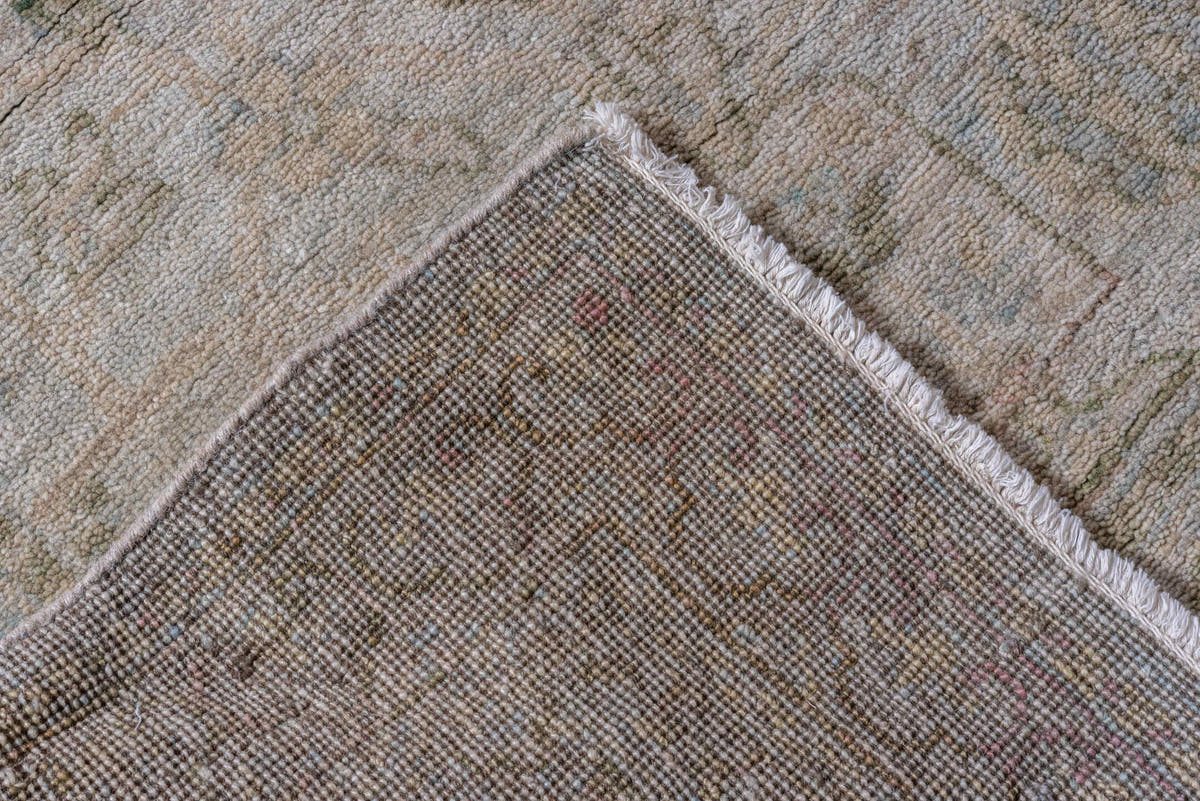 3' x 15' one-of-a-kind handmade vintage Khotan runner rug. Color palette: ivory, taupe, beige, sage, gray brown, olive, gray