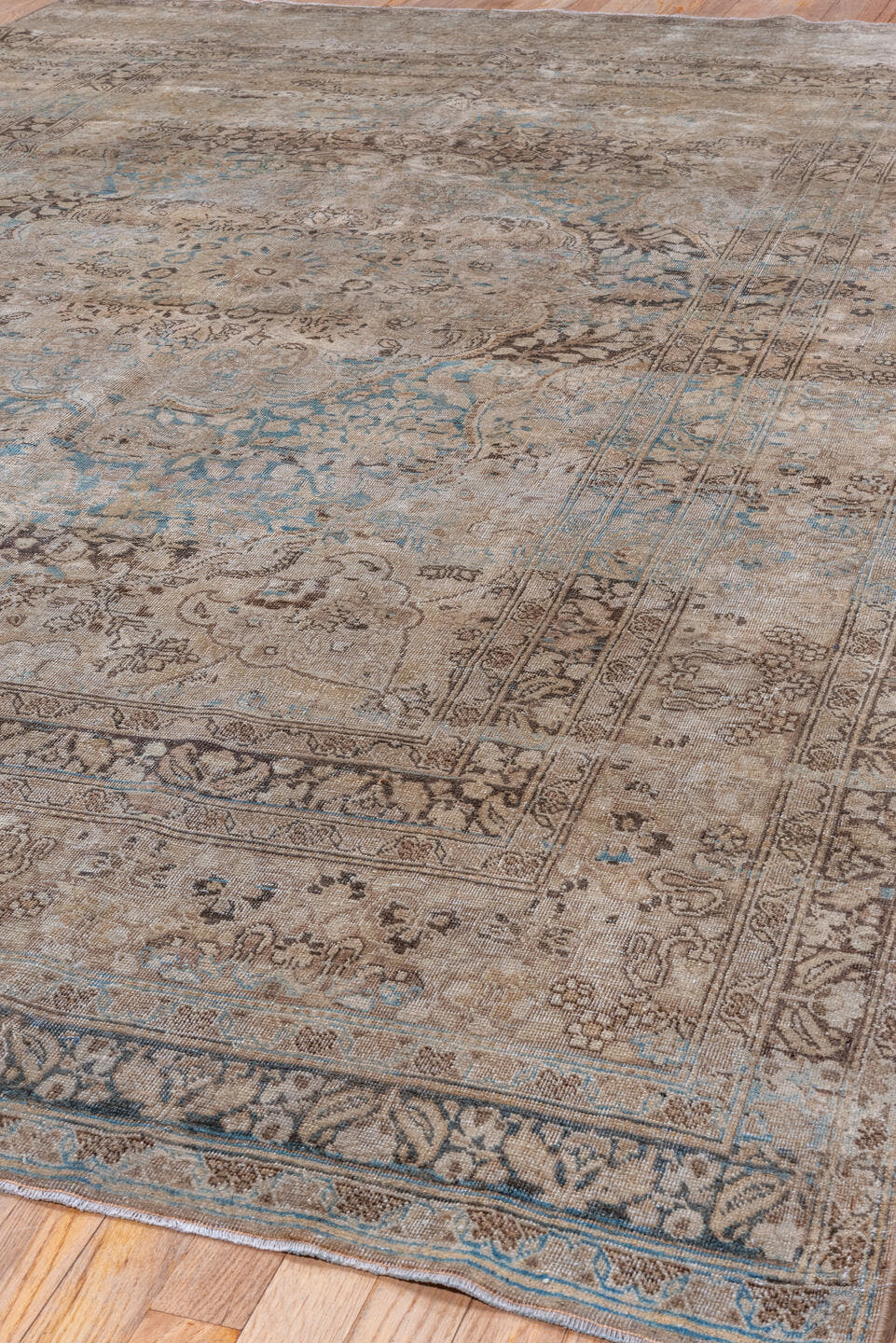 6' x 10' one-of-a-kind handmade antique Meshed large size rug. Color palette: taupe, ivory, brown, pale blue, beige