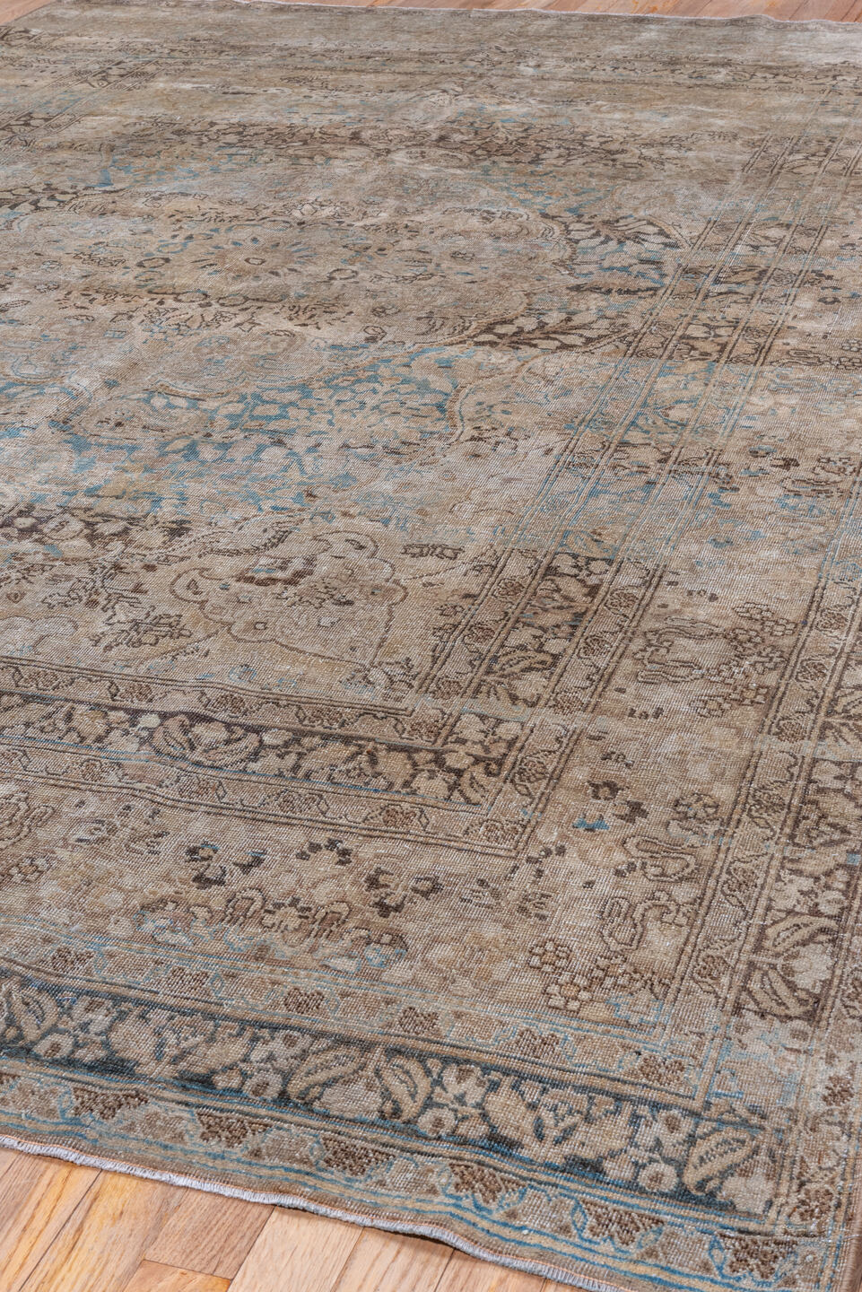 6' x 10' one-of-a-kind handmade antique Meshed large size rug. Color palette: taupe, ivory, brown, pale blue, beige