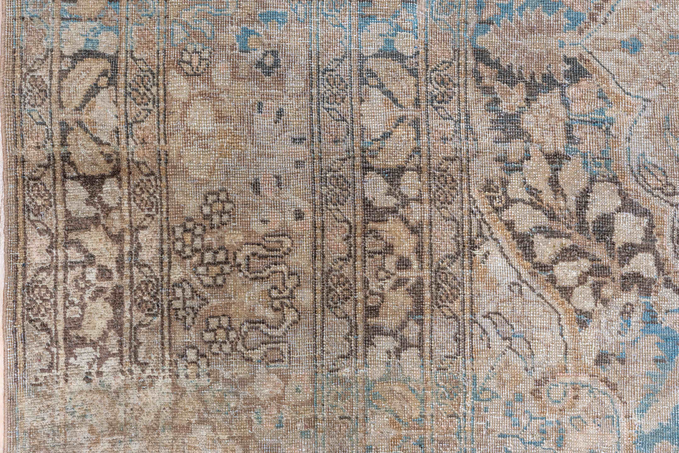 6' x 10' one-of-a-kind handmade antique Meshed large size rug. Color palette: taupe, ivory, brown, pale blue, beige