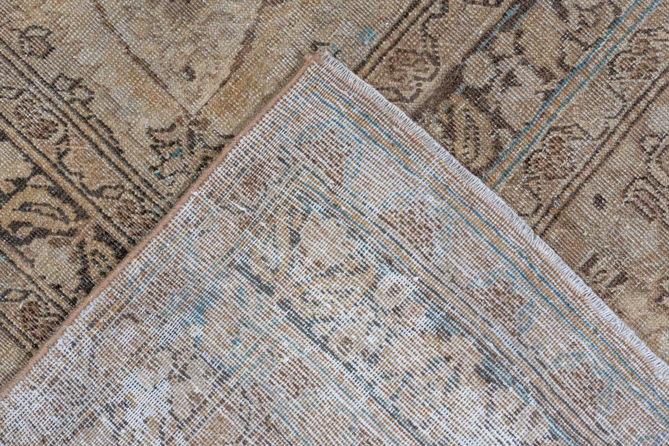 6' x 10' one-of-a-kind handmade antique Meshed large size rug. Color palette: taupe, ivory, brown, pale blue, beige
