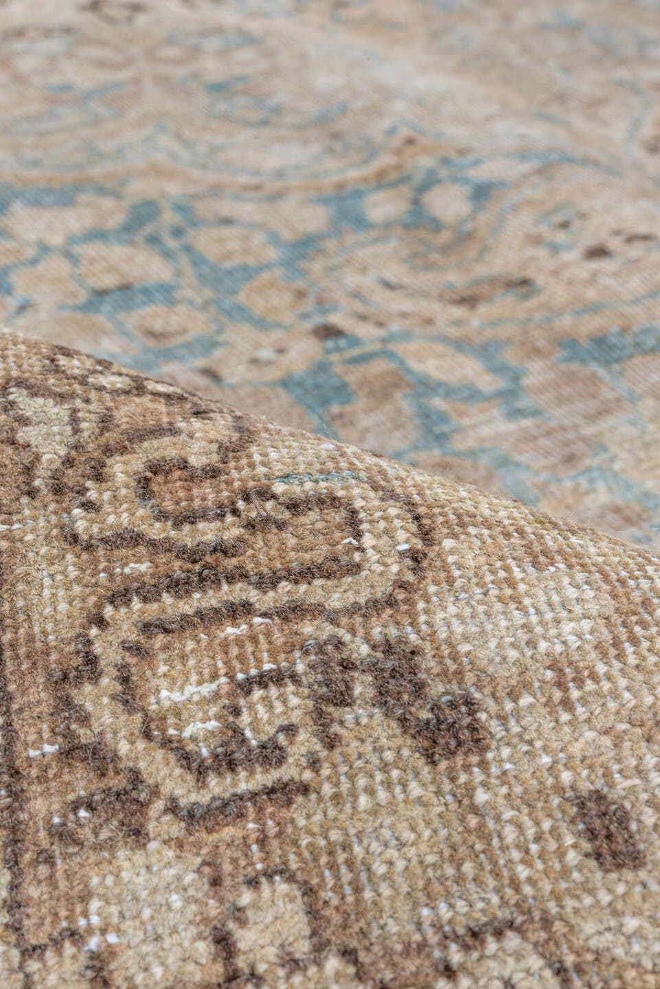 6' x 10' one-of-a-kind handmade antique Meshed large size rug. Color palette: taupe, ivory, brown, pale blue, beige
