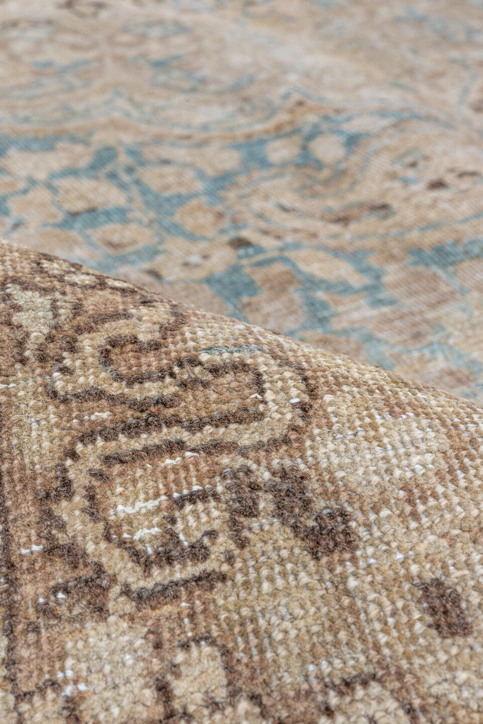 6' x 10' one-of-a-kind handmade antique Meshed large size rug. Color palette: taupe, ivory, brown, pale blue, beige