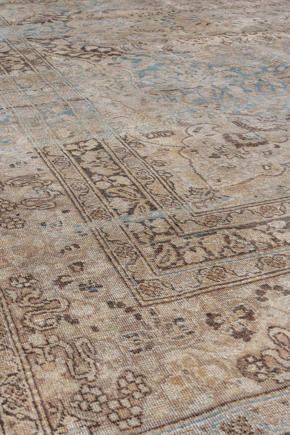 6' x 10' one-of-a-kind handmade antique Meshed large size rug. Color palette: taupe, ivory, brown, pale blue, beige