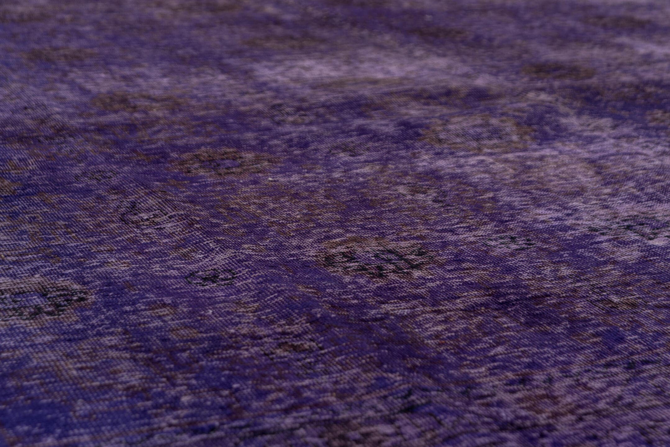 9' x 12' one-of-a-kind handmade vintage Overdyed large size rug. Color palette: violet, plum, eggplant, charcoal, pink