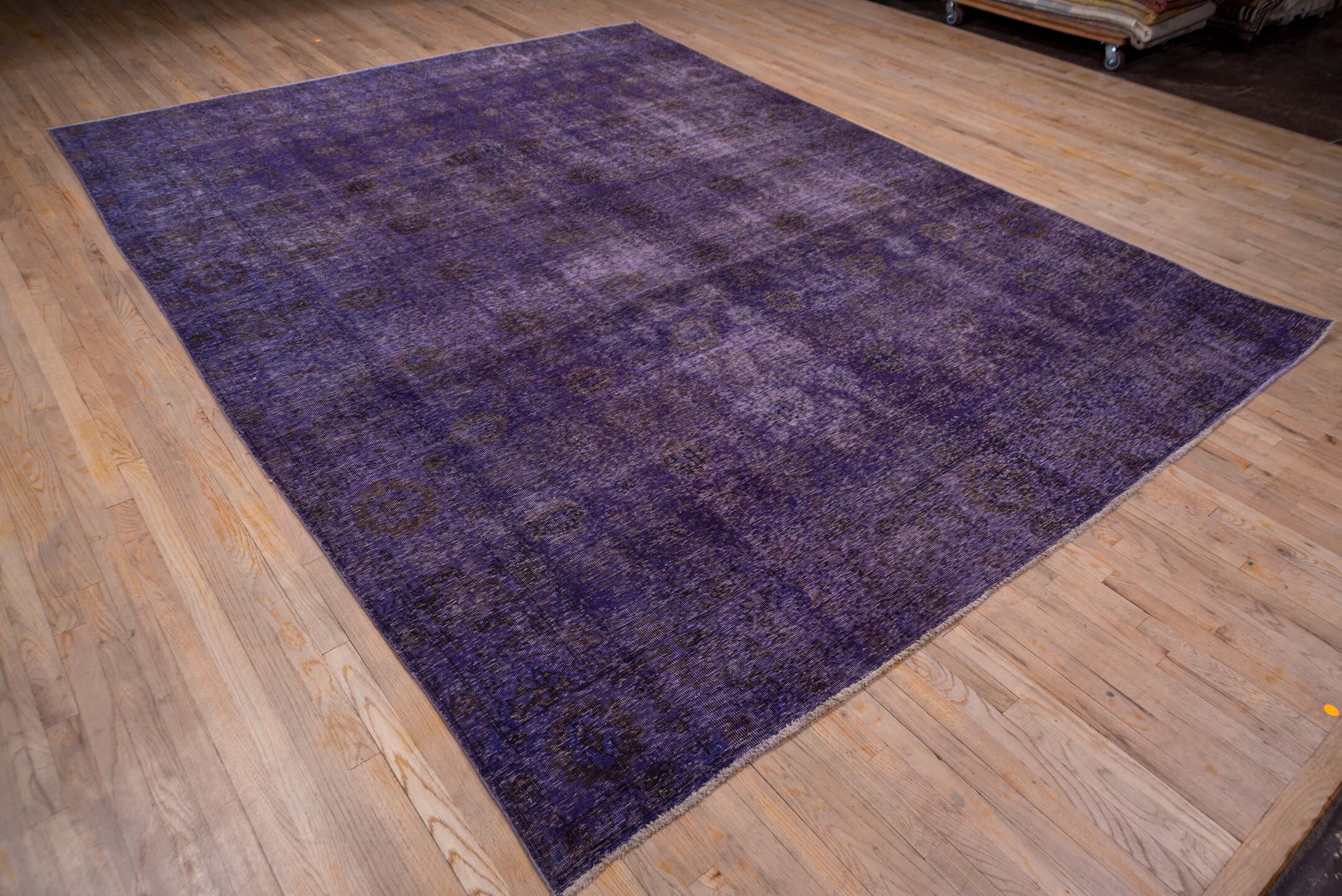 9' x 12' one-of-a-kind handmade vintage Overdyed large size rug. Color palette: violet, plum, eggplant, charcoal, pink