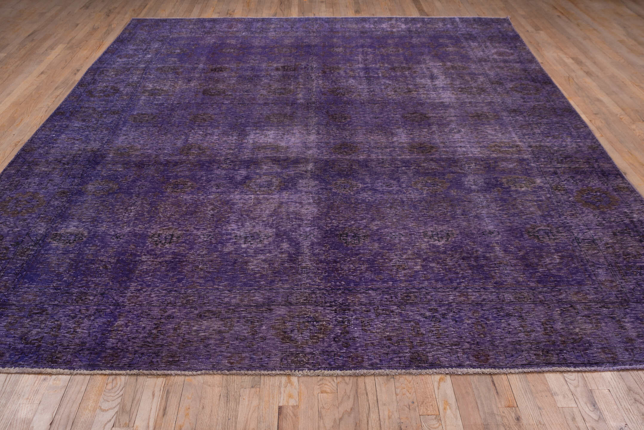 9' x 12' one-of-a-kind handmade vintage Overdyed large size rug. Color palette: violet, plum, eggplant, charcoal, pink