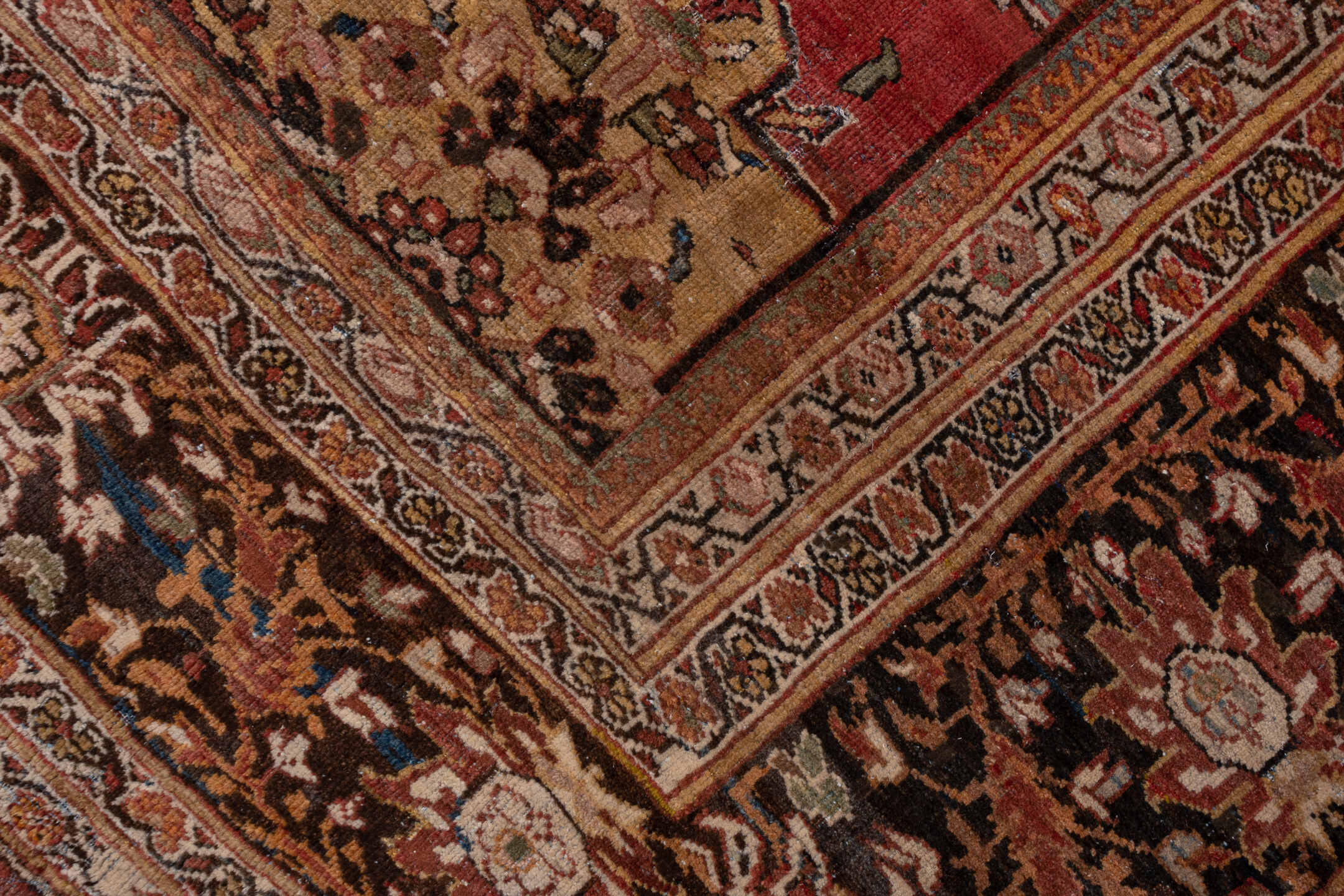 11' x 19' one-of-a-kind handmade antique Sultanabad oversize rug. Color palette: terra cotta, brown, ivory, gold, navy, sage