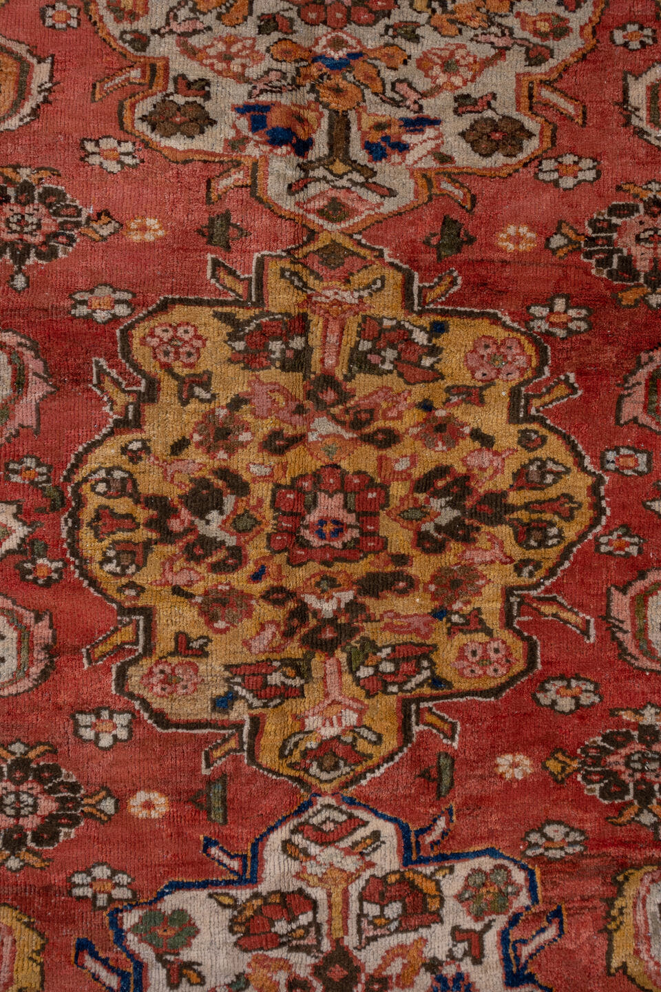 11' x 19' one-of-a-kind handmade antique Sultanabad oversize rug. Color palette: terra cotta, brown, ivory, gold, navy, sage