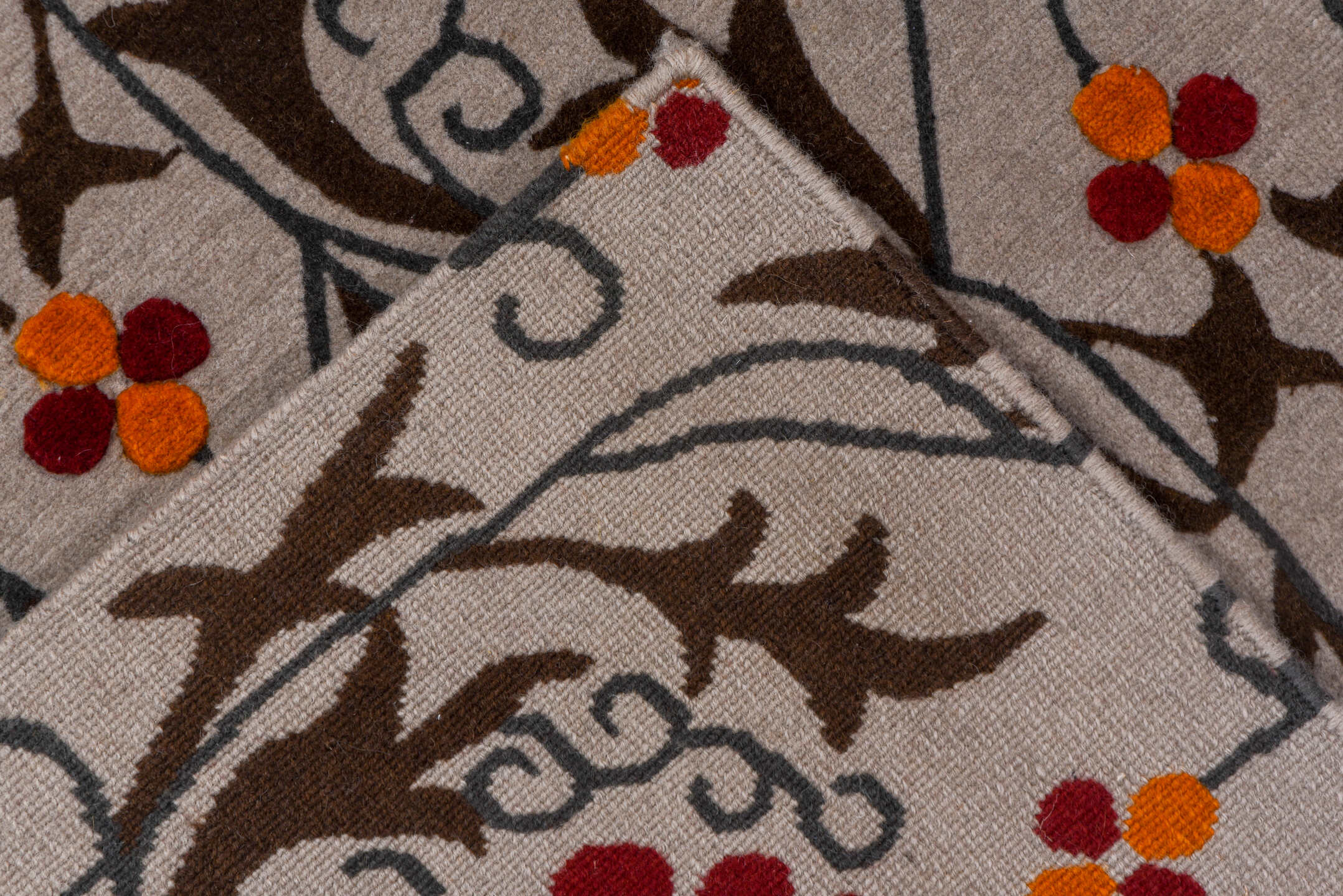 10' x 10' one-of-a-kind handmade vintage Tibetan oversize rug. Color palette: ivory, brown, crimson, rust, orange, red