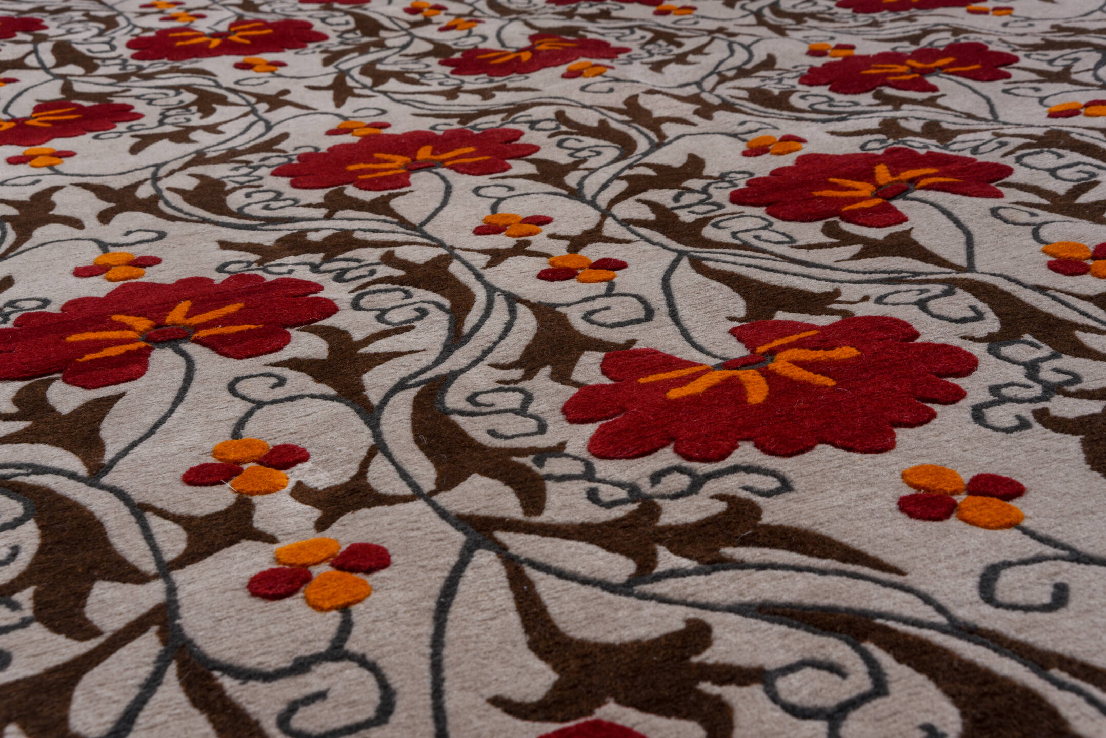 10' x 10' one-of-a-kind handmade vintage Tibetan oversize rug. Color palette: ivory, brown, crimson, rust, orange, red
