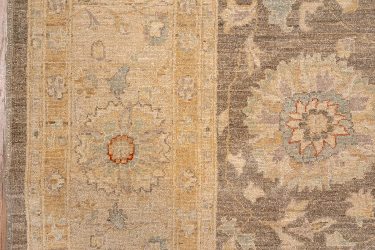 9' x 12' one-of-a-kind handmade vintage Peshawar large size rug. Color palette: taupe, ivory, sand, faded gold, beige