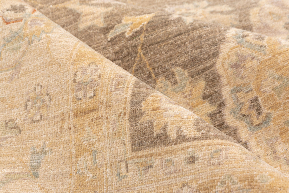 9' x 12' one-of-a-kind handmade vintage Peshawar large size rug. Color palette: taupe, ivory, sand, faded gold, beige