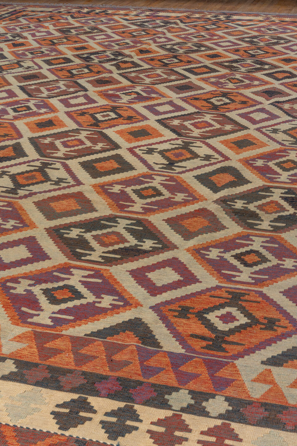 12' x 18' one-of-a-kind handmade vintage Kilim oversize rug. Color palette: ivory, rust, plum, charcoal, taupe, terra cotta