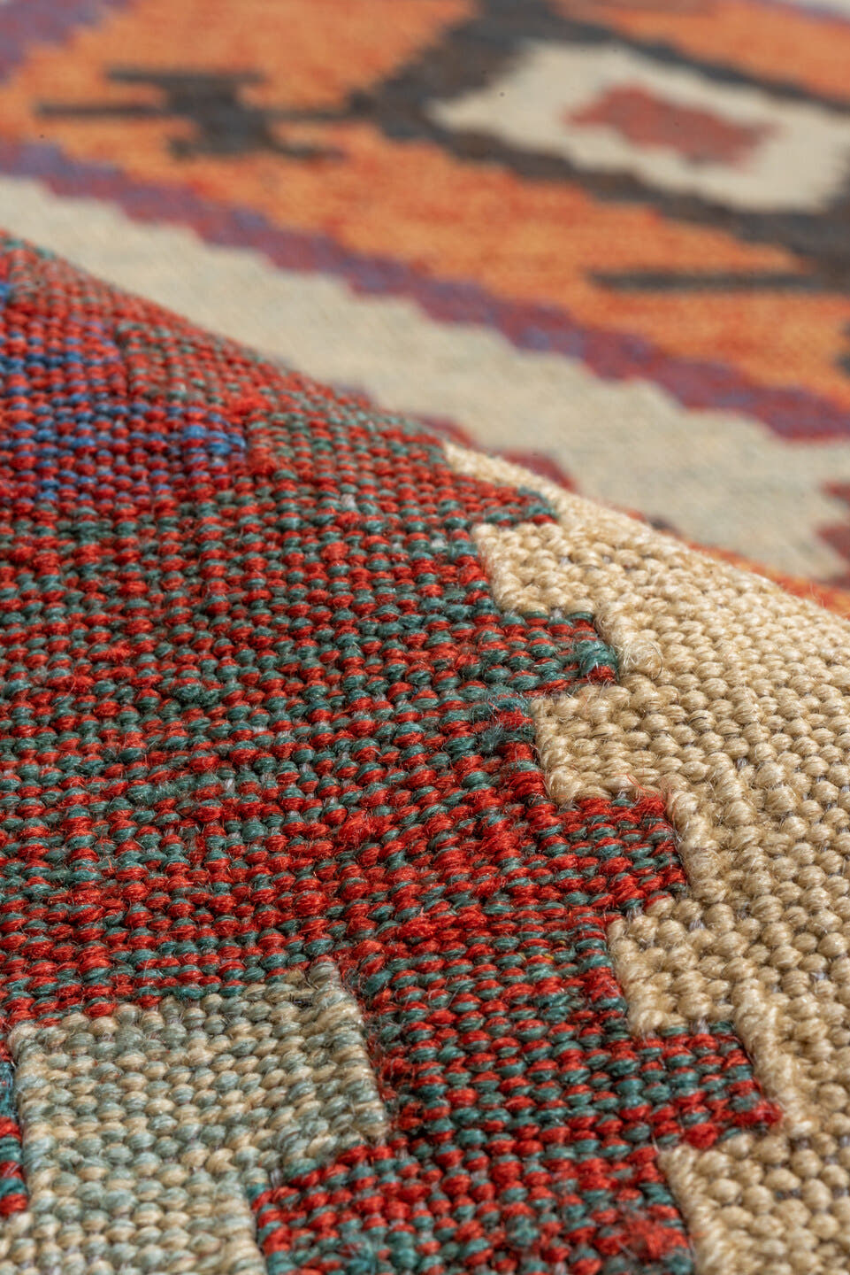 12' x 18' one-of-a-kind handmade vintage Kilim oversize rug. Color palette: ivory, rust, plum, charcoal, taupe, terra cotta