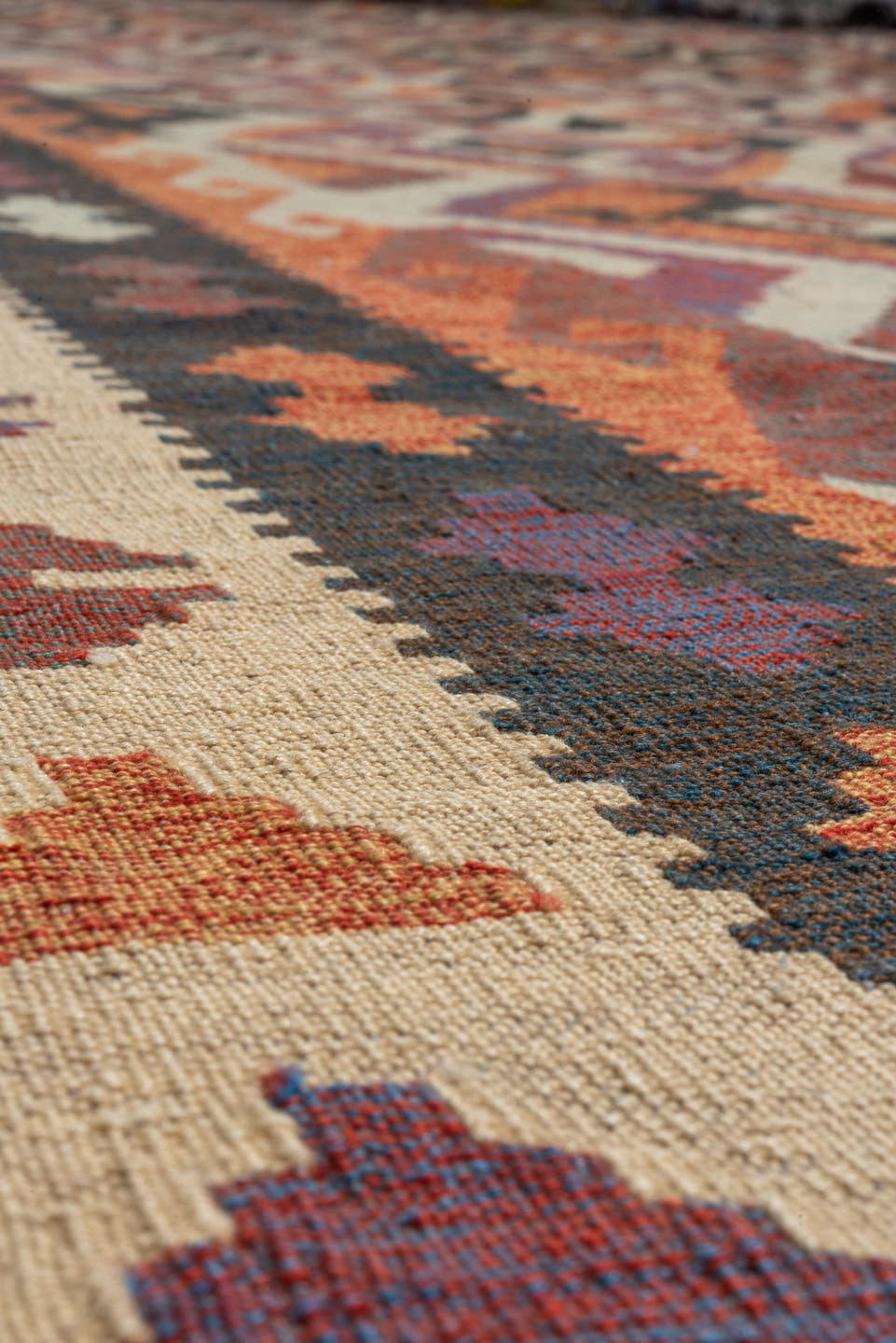 12' x 18' one-of-a-kind handmade vintage Kilim oversize rug. Color palette: ivory, rust, plum, charcoal, taupe, terra cotta