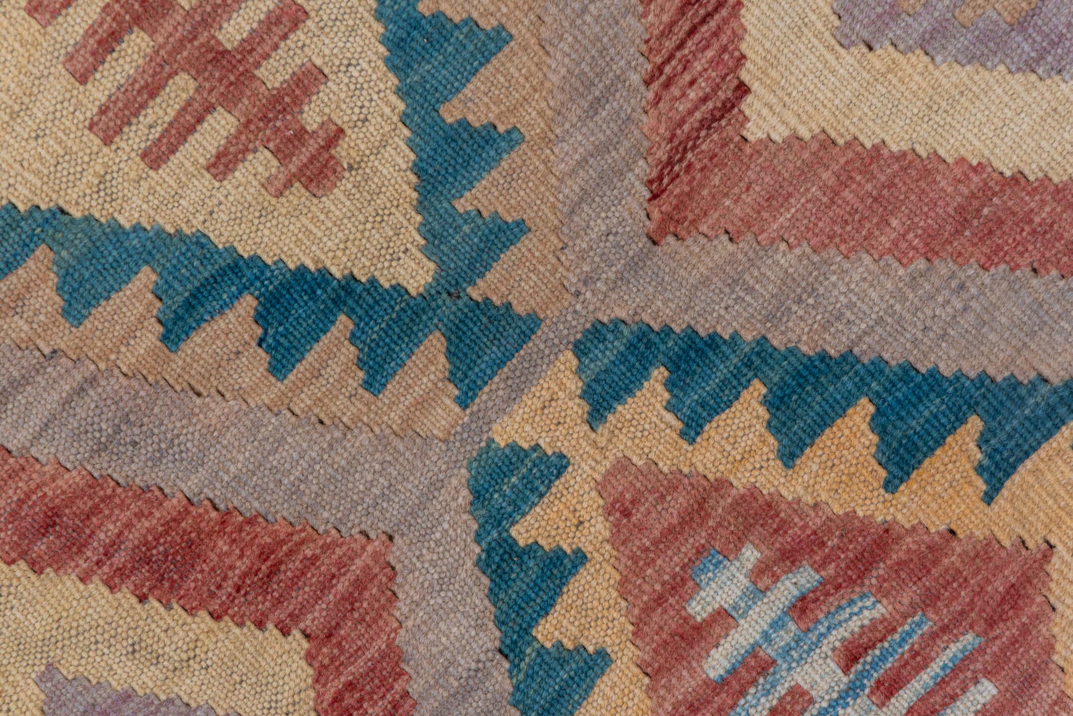 8' x 11' one-of-a-kind handmade vintage Kilim large size rug. Color palette: rose, ivory, dusty blue, terra cotta, taupe